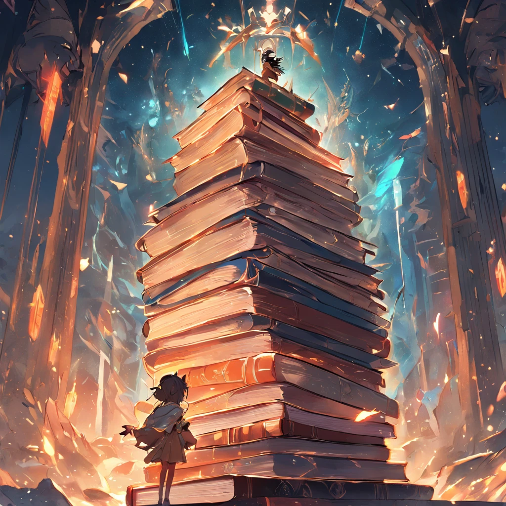 A brilliant scholar triumphantly perched upon a towering stack of books.