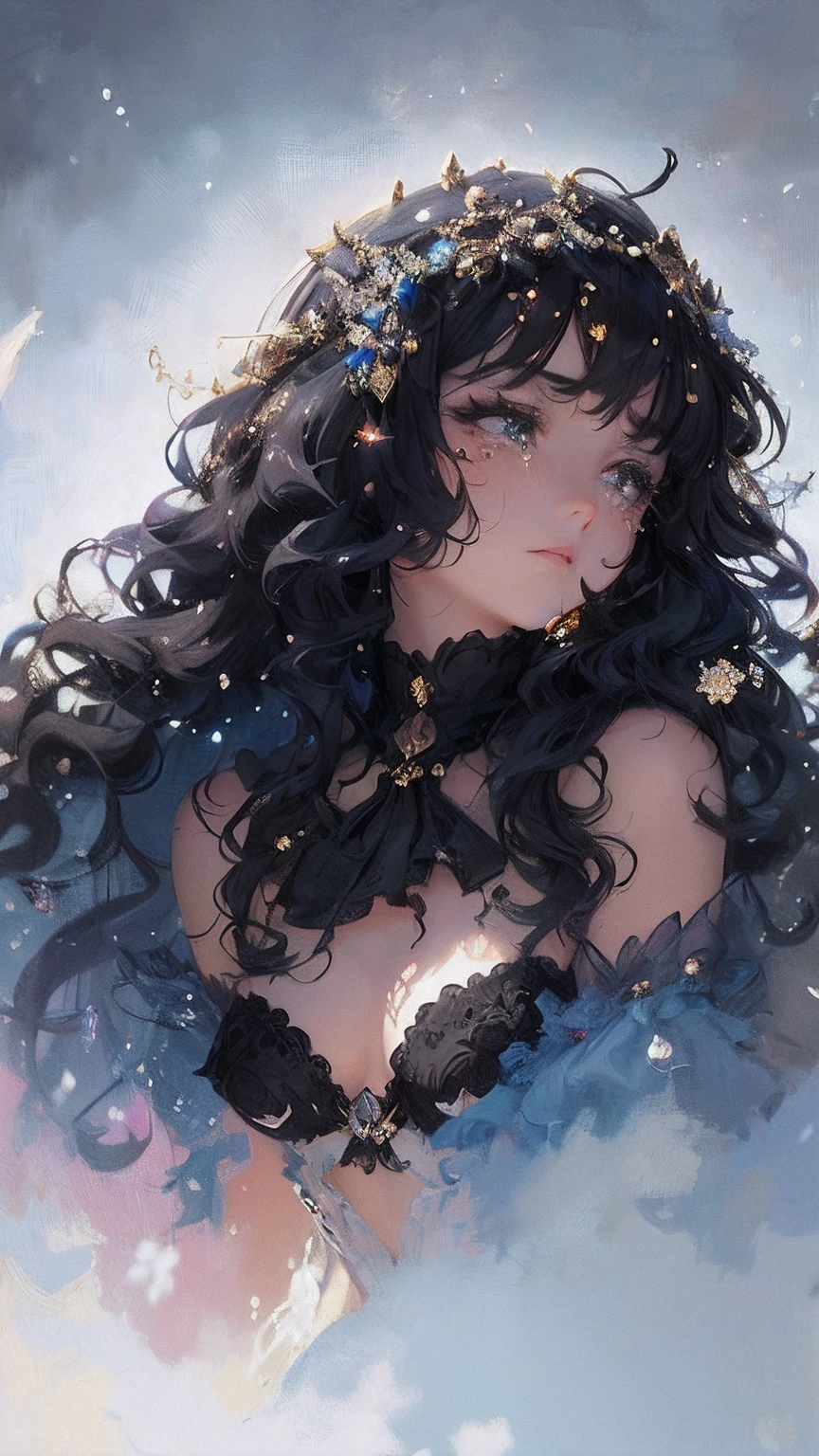 (tmasterpiece),((top-quality)),(offcial art),(Beautiful and indulgent:1.2),(1girl in:1.3),profile,Tears,((tears are flowing)),facial expression of sadness,Small breasts,((Black beauty)),breasts are small、Break,Beautiful woman in snow white dress,Detailed drawing。Vibrant colors。Extremely colorful、highestdetailed ((ultra - detailed)),(highly detailed 2D illustration),((Extremely delicate and beautiful))Super detail