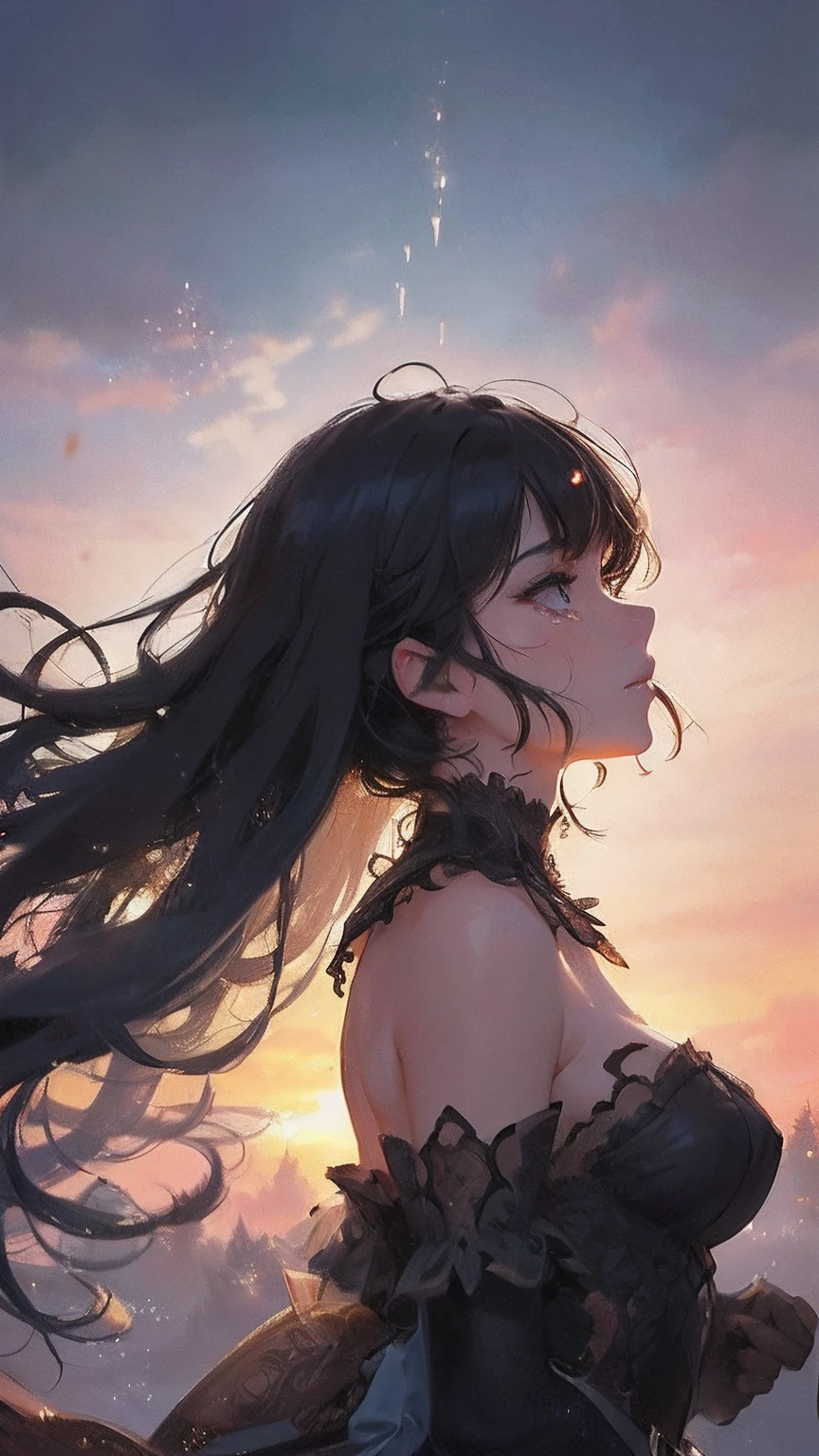 (tmasterpiece),((top-quality)),(offcial art),(Beautiful and indulgent:1.2),(1girl in:1.3),profile,Tears,((tears are flowing)),facial expression of sadness,Small breasts,((Black beauty)),breasts are small、Break,Beautiful woman in snow white dress,Detailed drawing。Vibrant colors。Extremely colorful、highestdetailed ((ultra - detailed)),(highly detailed 2D illustration),((Extremely delicate and beautiful))Super detail
