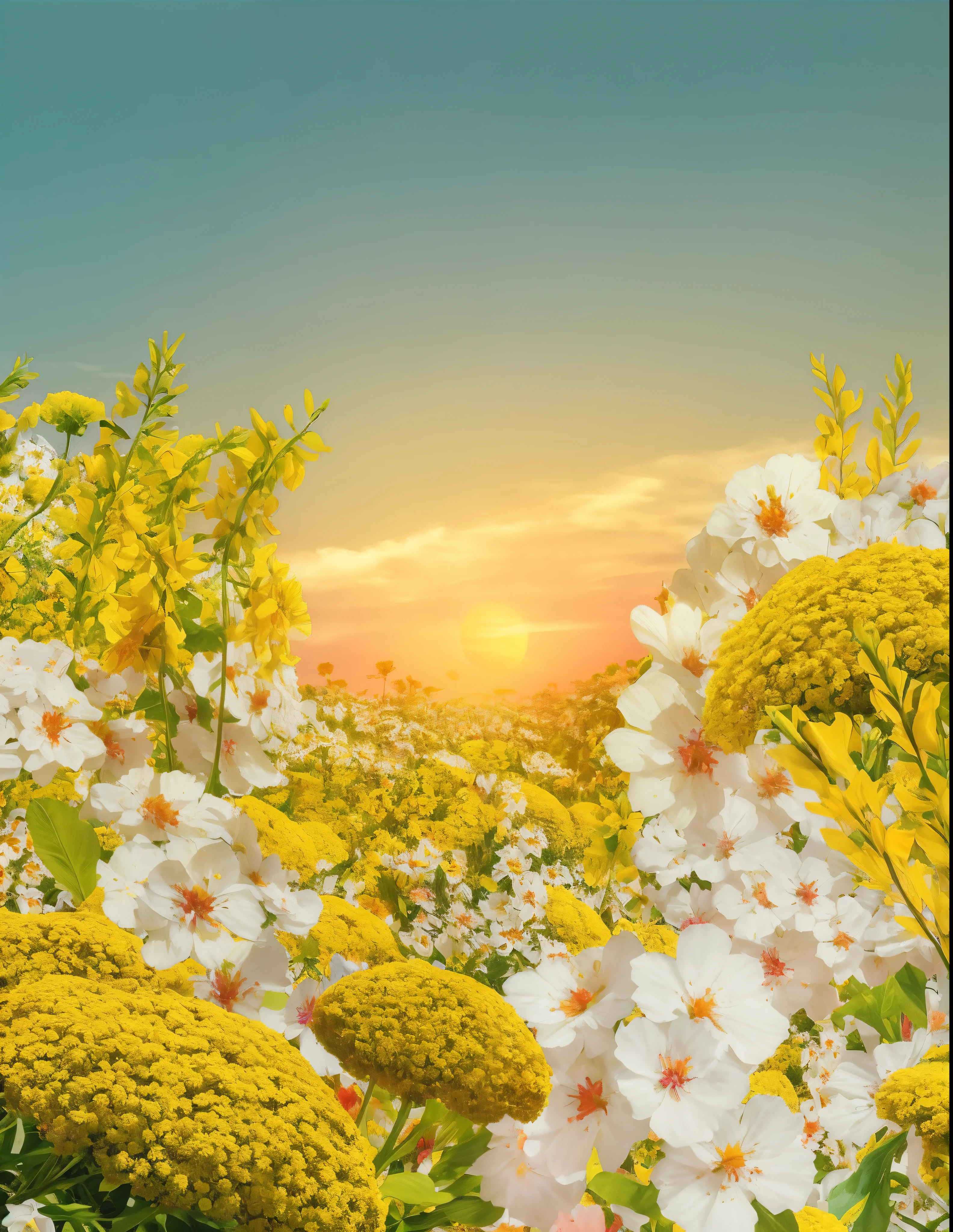 There is a field of flowers with a sunset in the background, floral sunset, bright sunny summer day, an aesthetic field of flowers, campo de fundo das flores, magia radiante amarela, O Brilhante Amanhecer no Prado, fundo dourado da hora, summer morning flower garden, ambiente floral, flor natural do fundo, background is celestial, Bright summer day, flor e flores no fundo