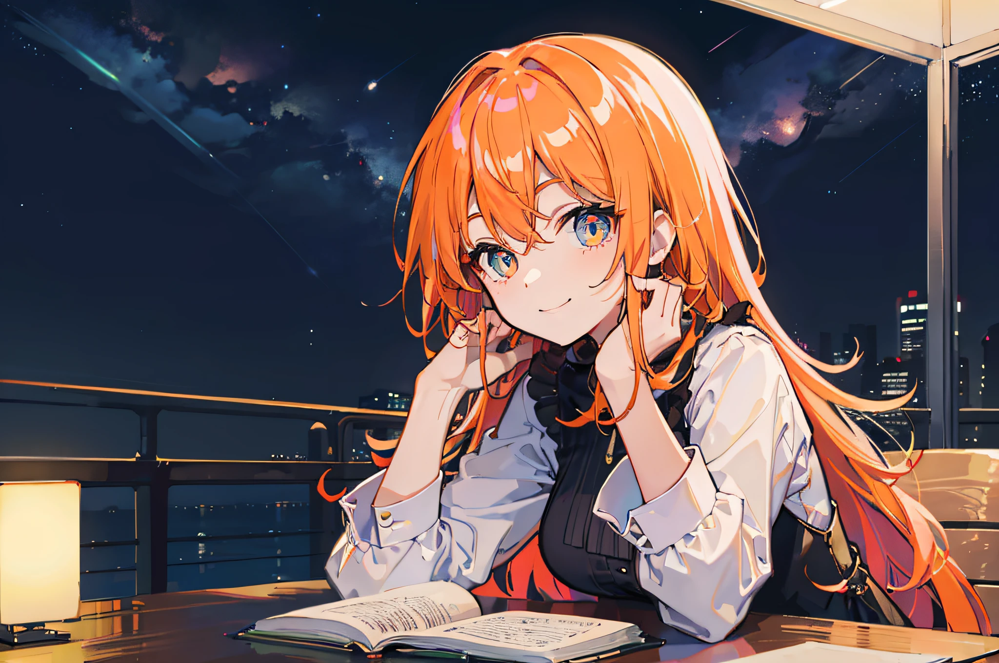 Beautiful woman　Studying　Smiling face　on desk　under the starry sky　Terrace seating　NOWAI　deep in the night　murky　nighttime scene　Test Preparation　Pupils　orange color hair　Beautiful eyes that seem to be sucked in