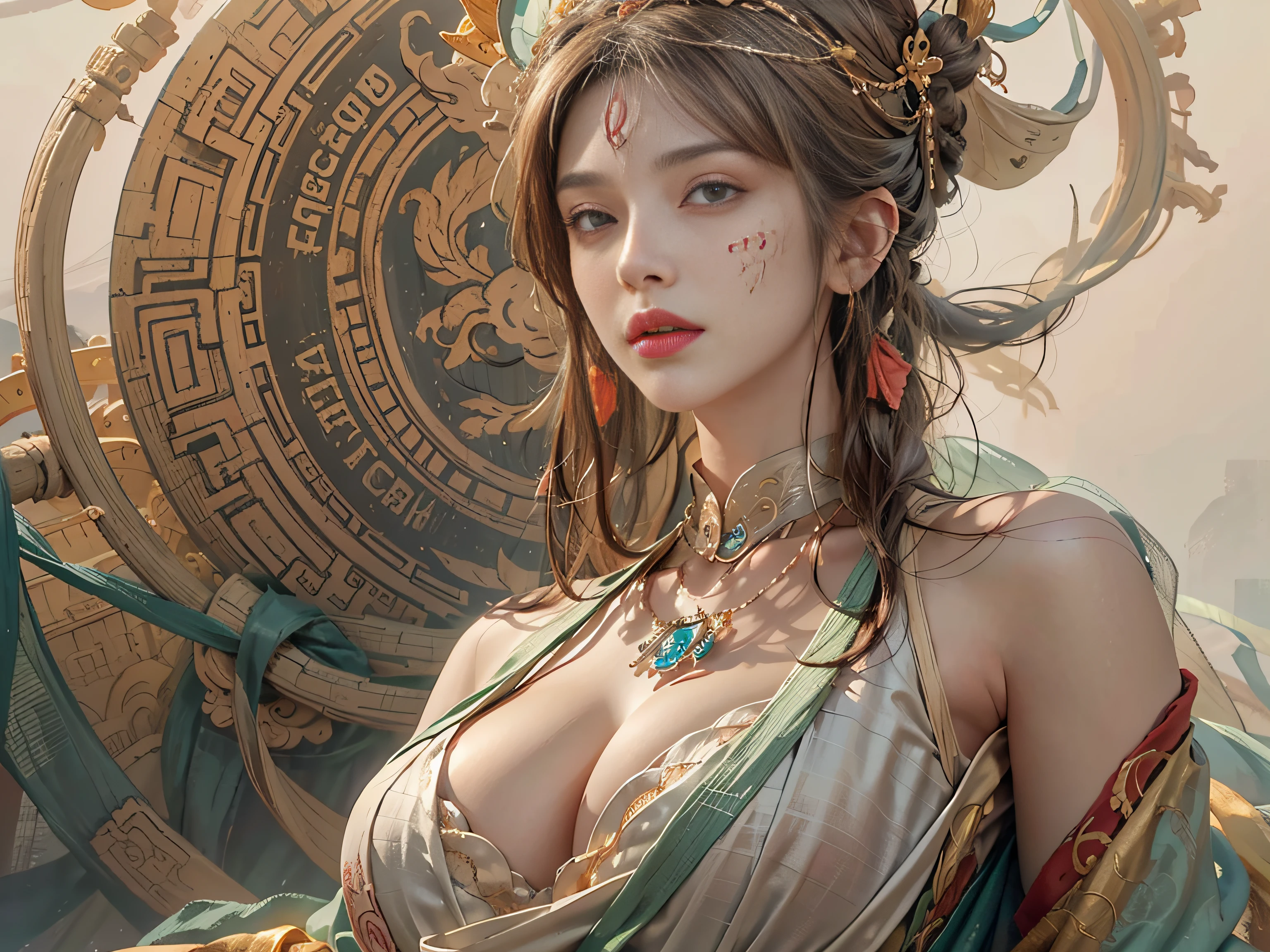 Photorealistic, high resolution, 1womanl, gigantic cleavage breasts，cleavage，tit，Solo, Hips up, view the viewer, (Detailed face), dunhuang_dress, jewelry, tattoo