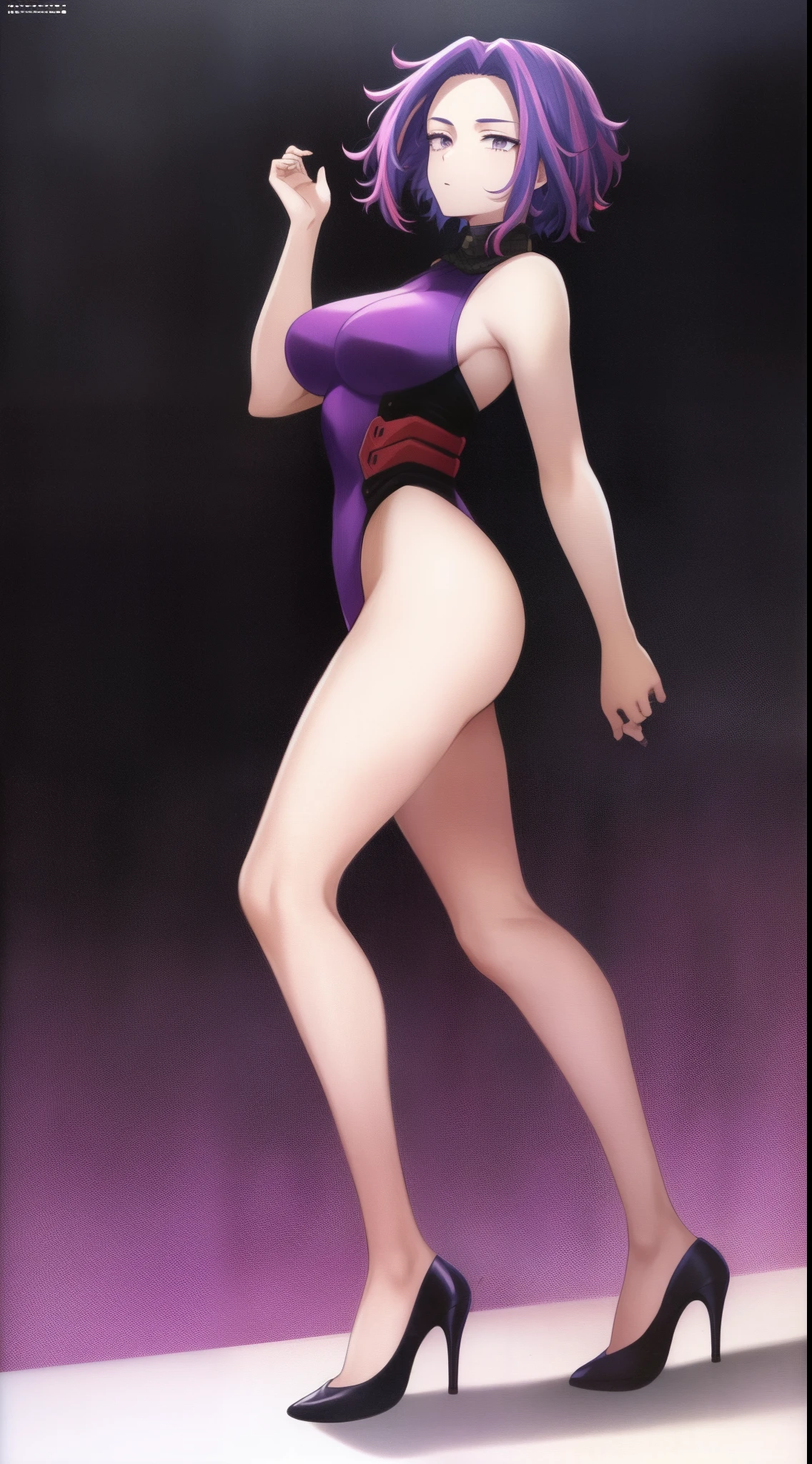 scan, (extremely detailed CG unity 8k wallpaper:1.1), highres, (1girl), lady nagant, boku no hero academia, (purple hair), (multicolored hair), (purple eyes), leotard, high heels, full body, breasts