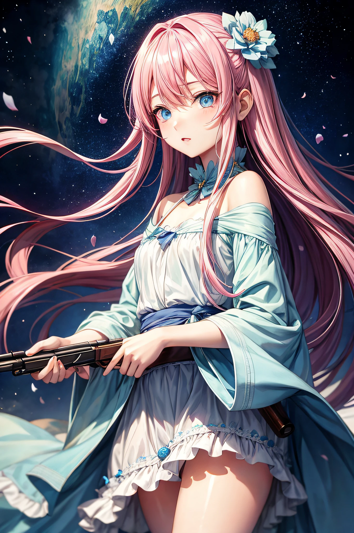 Detailed、Soft skin、Anime style、Blue eyes、Women in Their 20s、background cosmos、Holding a gun、The long-haired、Pink hair