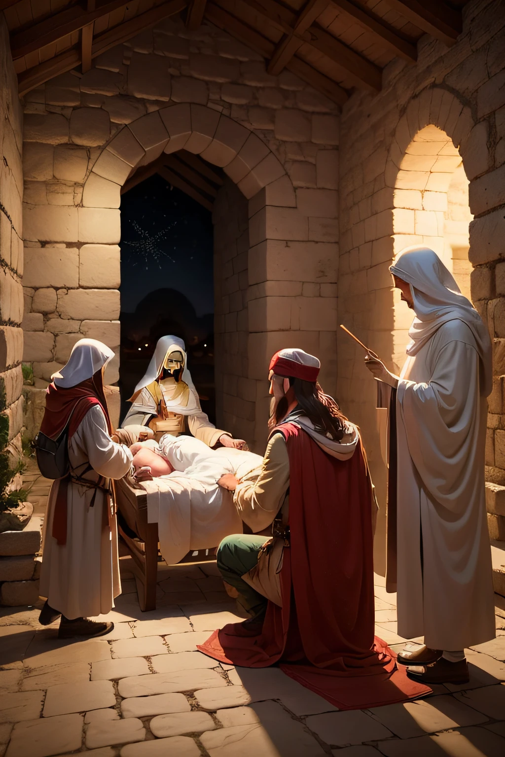 The birth of Jesus in Bethlehem, The visit of the Magi and the beginning of their journey.