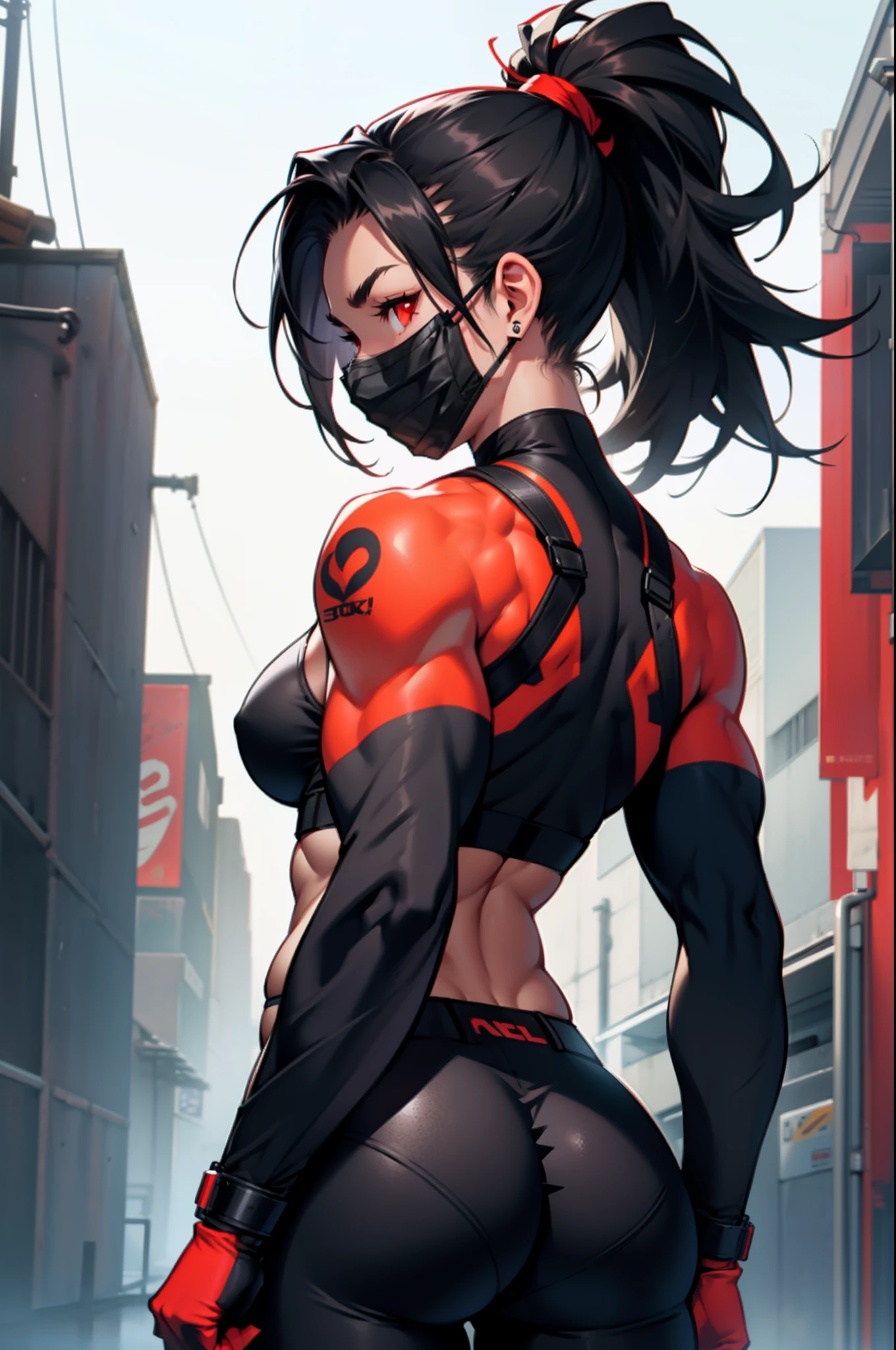 1 girl, ((muscular)), spiky ponytail, toned body, black hair, red eyes, (mask), perky breasts, long hair, from behind, big ass