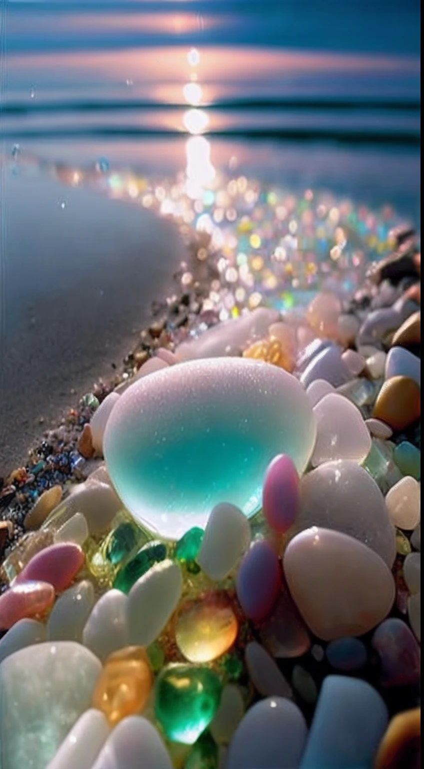 Close-up of the beach with lots of stones and pebbles, Magical beach, Sea glass, Beautiful rainbow colors, Beautiful colors, beautiful opalescent colours, glistening seafoam, breathtaking colors, with beautiful colors, serene colors, startling colors, Beautiful!!!!!!!!!!!!, Water refraction!!, Beautiful crystals, Beautiful!!!!!!!!!, Stunning colors, sea like jelly