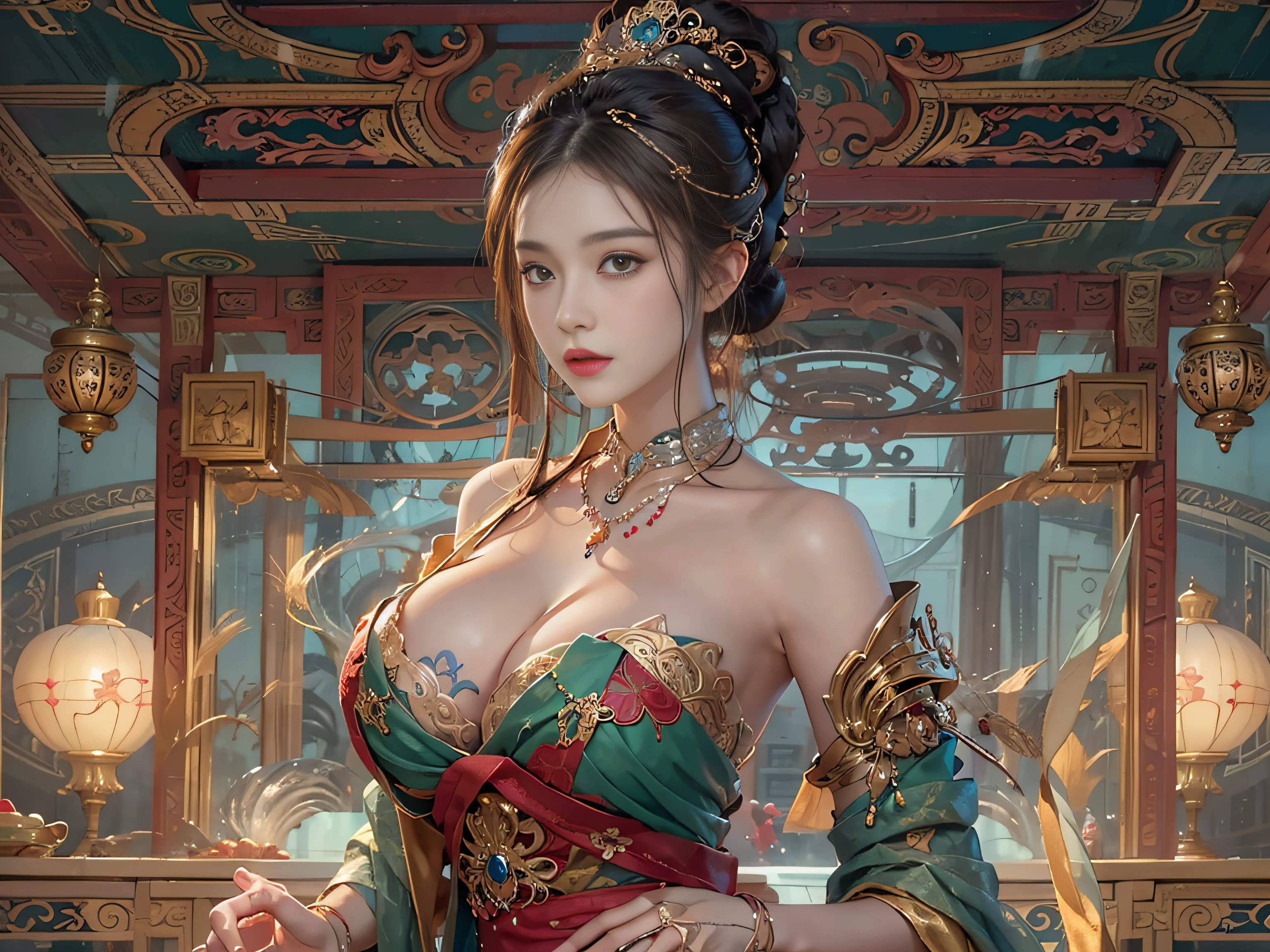 Photorealistic, high resolution, 1womanl, gigantic cleavage breasts,cleavage,tit,Solo, Hips up, view the viewer, (Detailed face), dunhuang_dress, jewelry, tattoo