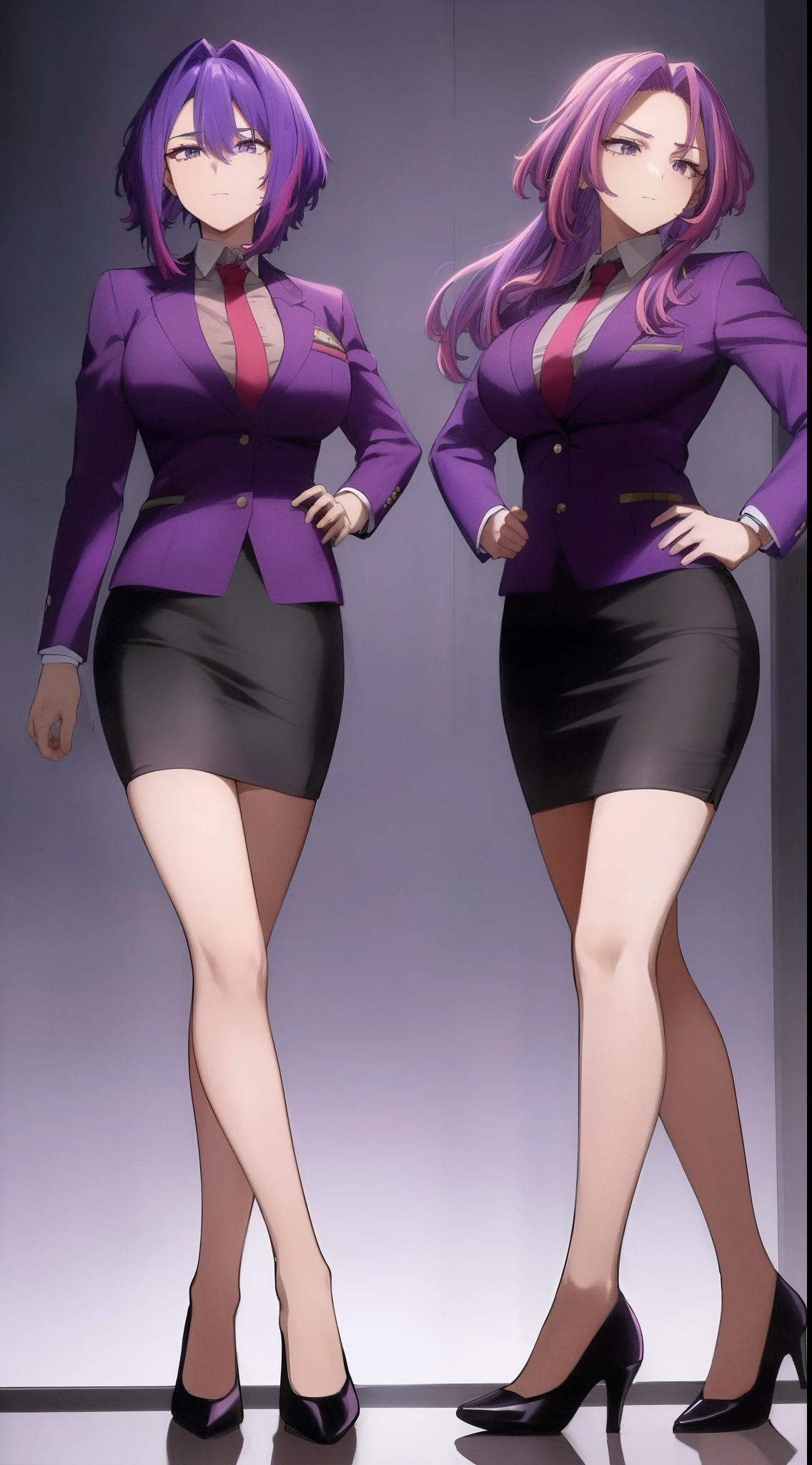 scan, (extremely detailed CG unity 8k wallpaper:1.1), highres, (2girls), lady nagant, boku no hero academia, (purple hair), (multicolored hair), (purple eyes), business suit, blazer, pencil skirt, high heels, full body, breasts, standing straight, duo, identical twins, clones, duo pose, ((matching outfits, matching hairstyles, matching faces))