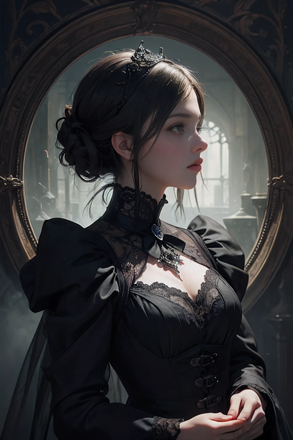 Official Art, Unity 8k wallpaper, super detailed, beautiful, beautiful, masterpiece, best quality,
darkness, atmosphere, mystery, romanticism, creepy, literature, art, fashion, victorian, decoration, intricacies, ironwork, lace, contemplation, emotional depth, supernatural,
1 girl, solo, neck, bust composition