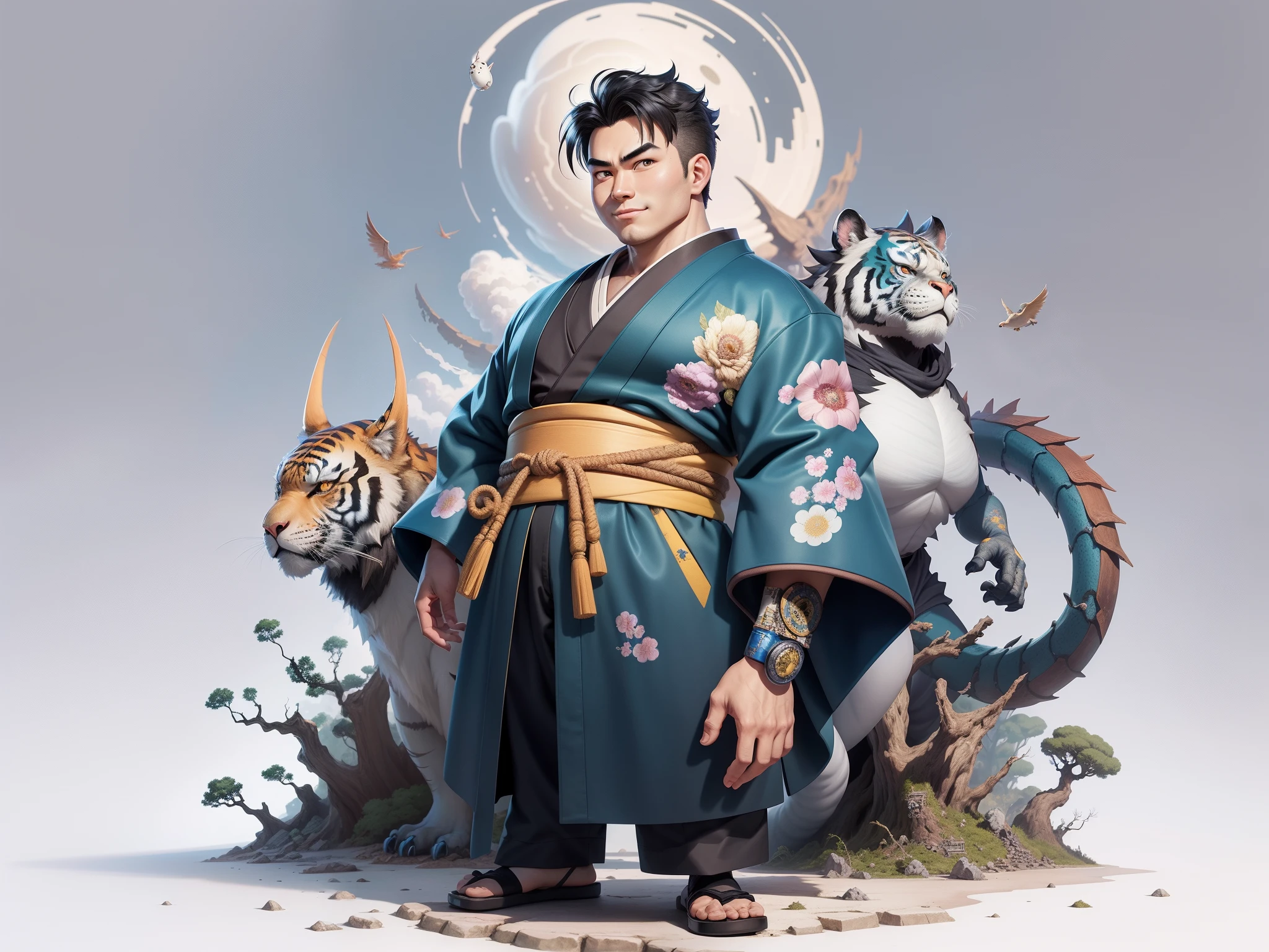 (Masterpiece), (Excellent), (Super Meticulous), (Full Body: 1.2), Super Young Man, Oriental Face, Japanese Kimono, Japanese Wind Thunder God, Dragon, Tiger, TV Anchor, Bust Portrait Illustration, Alone, Black Suit, Blue Tie, Slightly Chubby Face, Very Clean Face, No Beard, Black Super Short Hair, Black Eyes, Confident Smile, 3c Computer Sub-Products, iPad, iPhone, Digital Painting, 3D Character Design by Akira Toriyama and Mark Claireden and Pixar and Hayao Miyazaki, The illustration is a high-definition illustration in 4K resolution with very detailed facial features and cartoon-style visuals.