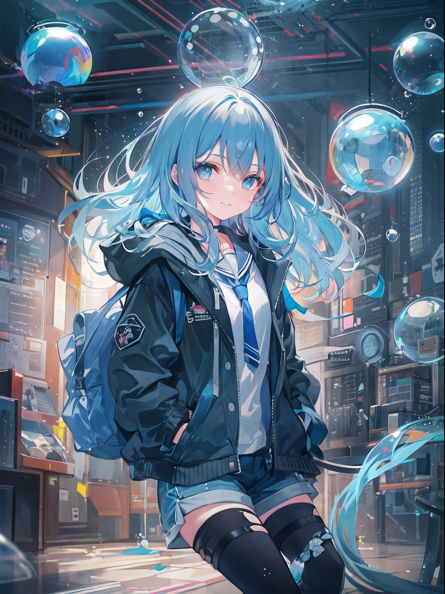 ((top-quality)), ((masterpiece)), ((ultra-detailliert)), (extremely delicate and beautiful), girl with, 独奏, cold attitude,((Black jacket)),She is very(relax)with the(Settled down)Looks,A dark-haired, depth of fields,evil smile,Bubble, under the water, Air bubble,bright light blue eyes,Inner color with light blue hair and dark blue tips,Cold background,Bob Hair - Linear Art, shortpants、knee high socks、White uniform like school uniform、Light blue ribbon ties、Clothes are sheer、Hands in pockets