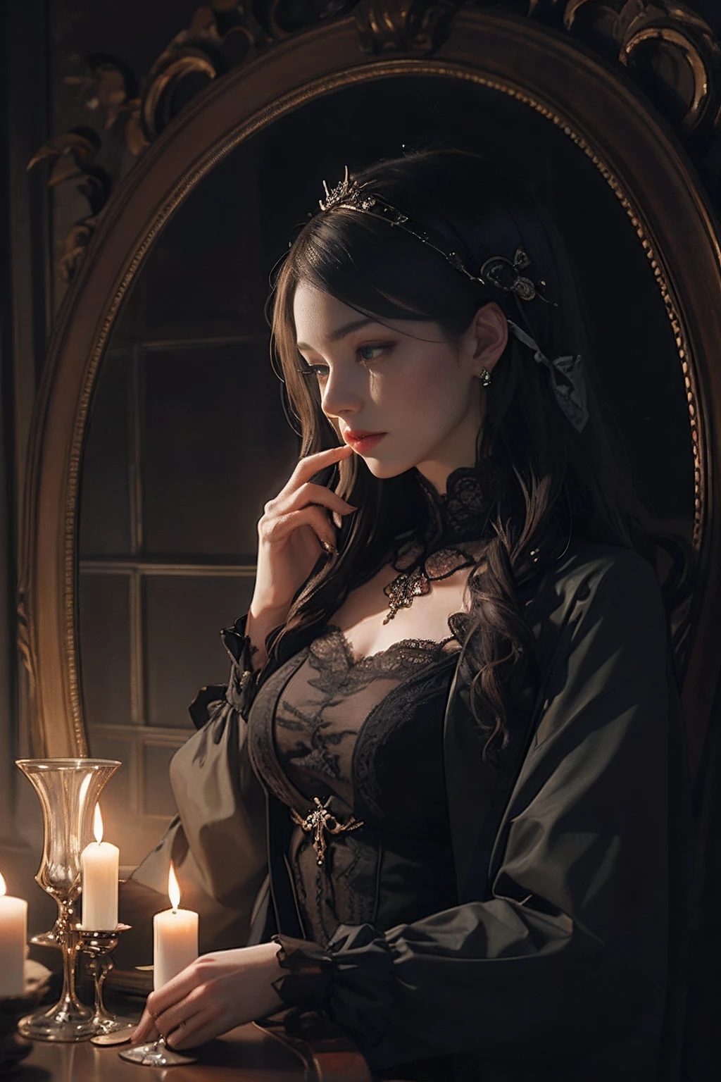 Official Art, Unity 8k wallpaper, super detailed, beautiful, beautiful, masterpiece, best quality,
darkness, atmosphere, mystery, romanticism, creepy, literature, art, fashion, victorian, decoration, intricacies, ironwork, lace, contemplation, emotional depth, supernatural,
1 girl, solo, neck, bust composition