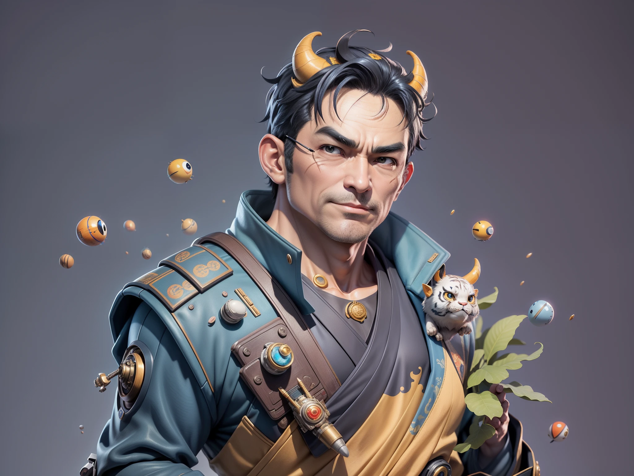 (Masterpiece), (Excellent), (Super Meticulous), (Full Body: 1.2), Super Young Man, Oriental Face, Japanese Kimono, Japanese Wind Thunder God, Dragon, Tiger, TV Anchor, Bust Portrait Illustration, Alone, Black Suit, Blue Tie, Slightly Chubby Face, Very Clean Face, No Beard, Black Super Short Hair, Black Eyes, Confident Smile, 3c Computer Sub-Products, iPad, iPhone, Digital Painting, 3D Character Design by Akira Toriyama and Mark Claireden and Pixar and Hayao Miyazaki, The illustration is a high-definition illustration in 4K resolution with very detailed facial features and cartoon-style visuals.