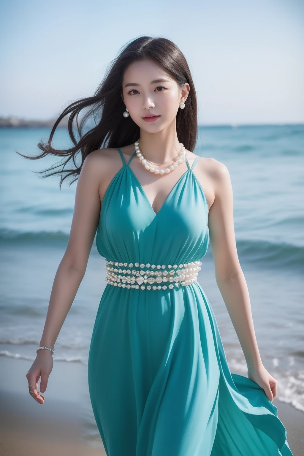 (8k,realisticlying,meticuloso,Very detailed faces,动态照明,Real Human)
Queen of the Sea,Her appearance exudes a mysterious beauty。Her skin was as white as snow,It's like you're ready for the purest sunshine。Her hair was silky smooth,Flashing with a shimmering light,It's like a string of pearls in the ocean。In her eyes,It has a bottomless deep ocean blue,It's as vast as the tide,People are captivated by it。Her face is delicate and elegant,Ruddy lips,The slightly upward curve reveals her natural elegance。Her eyebrows were slightly raised,Looming nodding his forehead,It depicts a picture of birds soaring in the sky。The tip of her slightly upturned nose adds a touch of agility and playfulness to her face。She wears a gorgeous reef green dress,The skirt is woven from the blue microwaves of the ocean,Light and flowy。The skirt is decorated with a flowing seaweed pattern,It was as if it was one with her body。Her slender waist is outlined by a thin belt embellished with crystals,Like a chain of pearls in the ocean,Exudes unparalleled brilliance。She wears a coral stone bracelet on her wrist,coloured with lots of colour,A warm glow flows。She also had some pearl necklaces and aquamarine earrings shimmering on her,It adds a sense of grandeur and nobility to her entire image。At her feet,It is a pair of sandals made of transparent shells,It's like the waves crashing on the beach。Every step she took,All accompanied by the soft sound of the breeze blowing,It's like playing a song of the ocean。This queen of the sea is so beautiful and mysterious,The breath revealed by her body captivated every viewer,It's like being in a mysterious and beautiful ocean kingdom