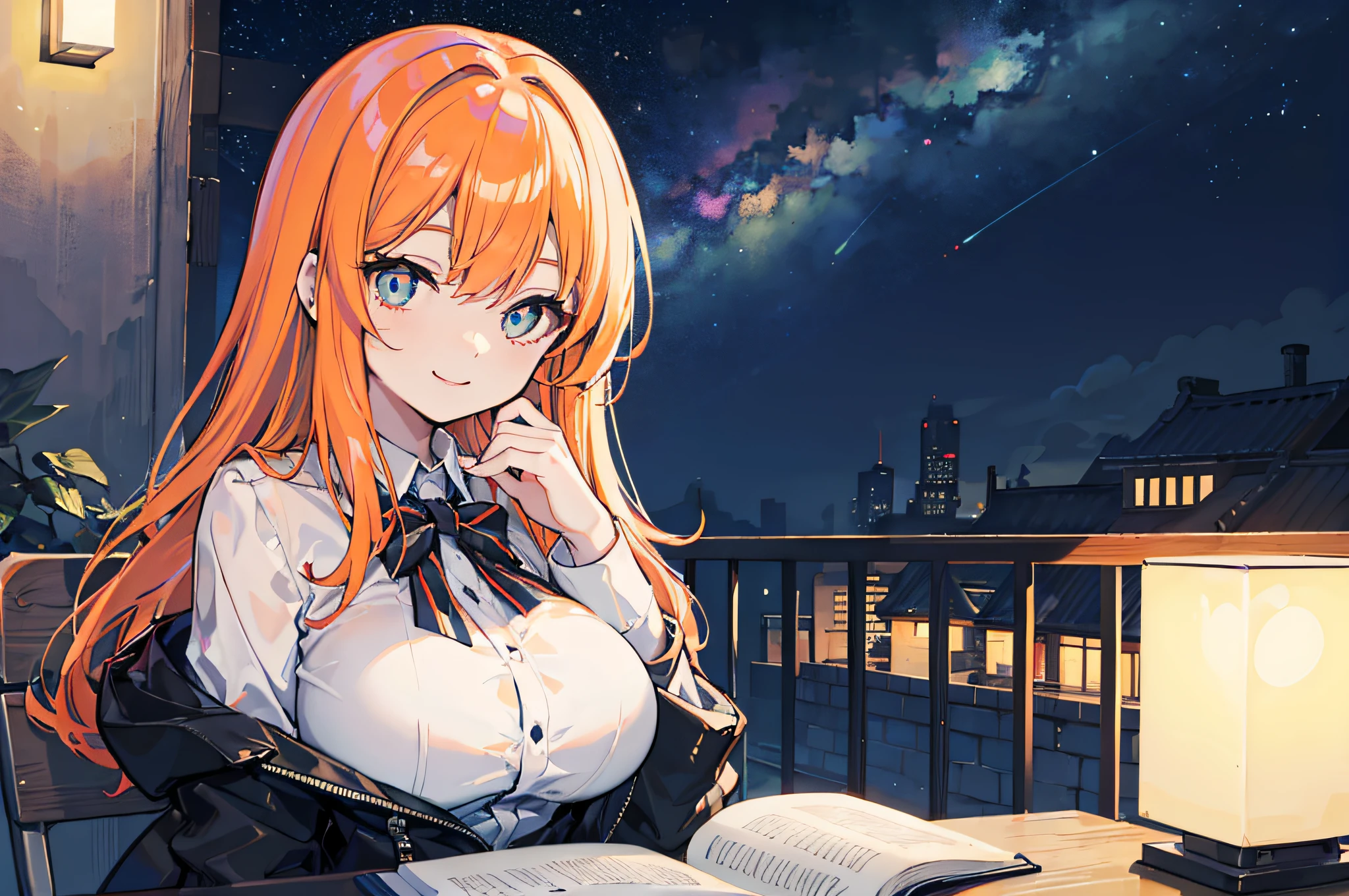 Beautiful woman　Studying　Smiling face　on desk　under the starry sky　Terrace seating　NOWAI　deep in the night　murky　nighttime scene　Test Preparation　Pupils　orange color hair　Studying Mathematics　Colossal tits　Beautiful eyes that seem to be sucked in