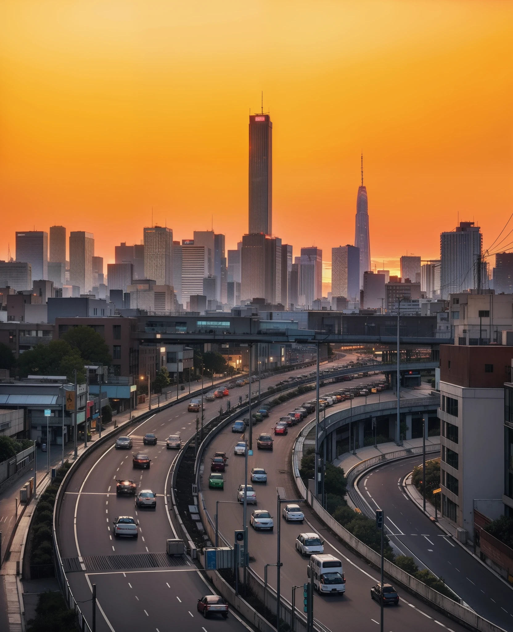 Anime scene by shinkai makoto, city background, sunset sky