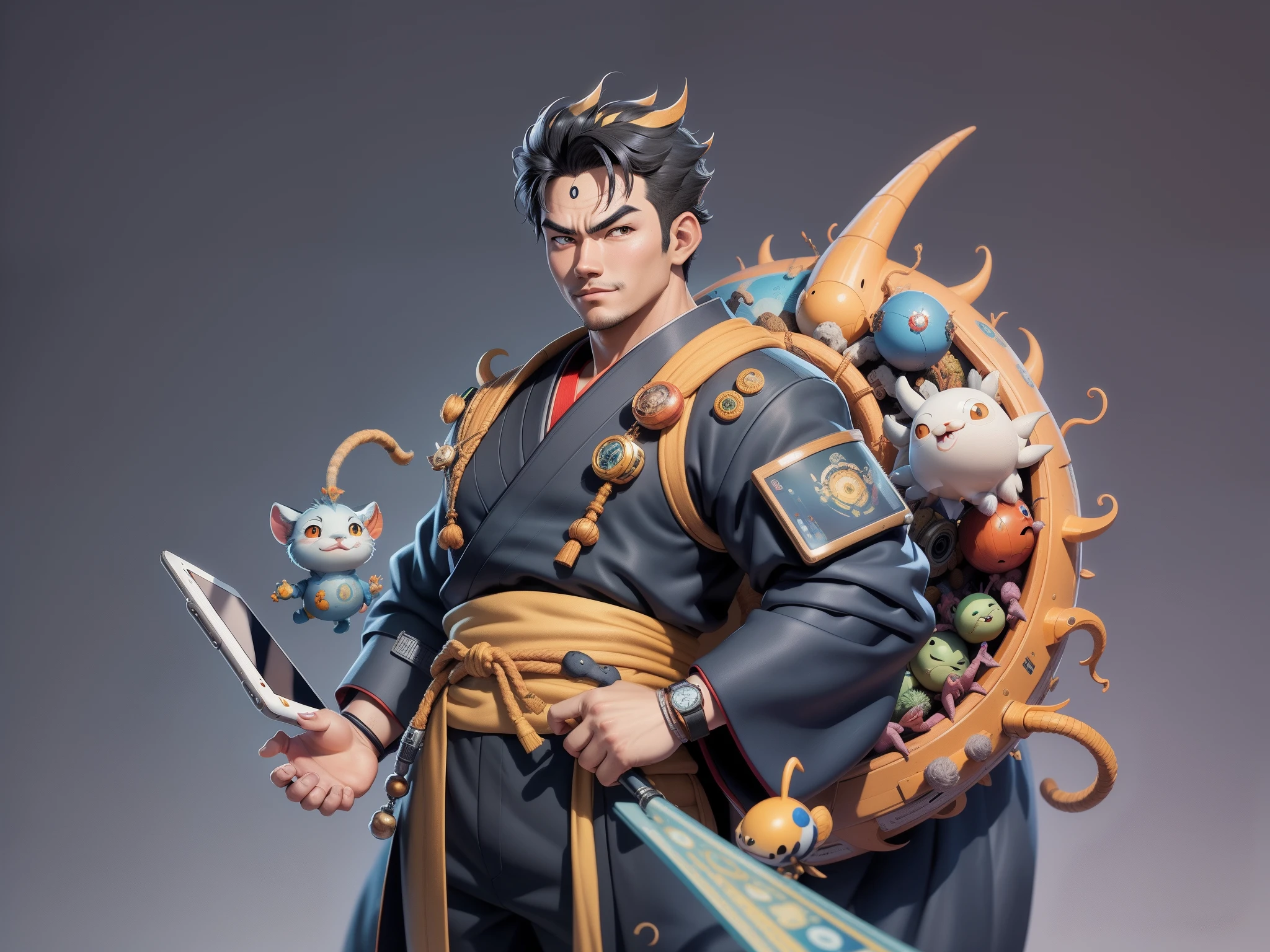 (Masterpiece), (Excellent), (Super Meticulous), (Full Body: 1.2), Super Young Man, Oriental Face, Japanese Kimono, Japanese Wind Thunder God, Dragon, Tiger, TV Anchor, Bust Portrait Illustration, Alone, Black Suit, Blue Tie, Slightly Chubby Face, Very Clean Face, No Beard, Black Super Short Hair, Black Eyes, Confident Smile, 3c Computer Sub-Products, iPad, iPhone, Digital Painting, 3D Character Design by Akira Toriyama and Mark Claireden and Pixar and Hayao Miyazaki, The illustration is a high-definition illustration in 4K resolution with very detailed facial features and cartoon-style visuals.
