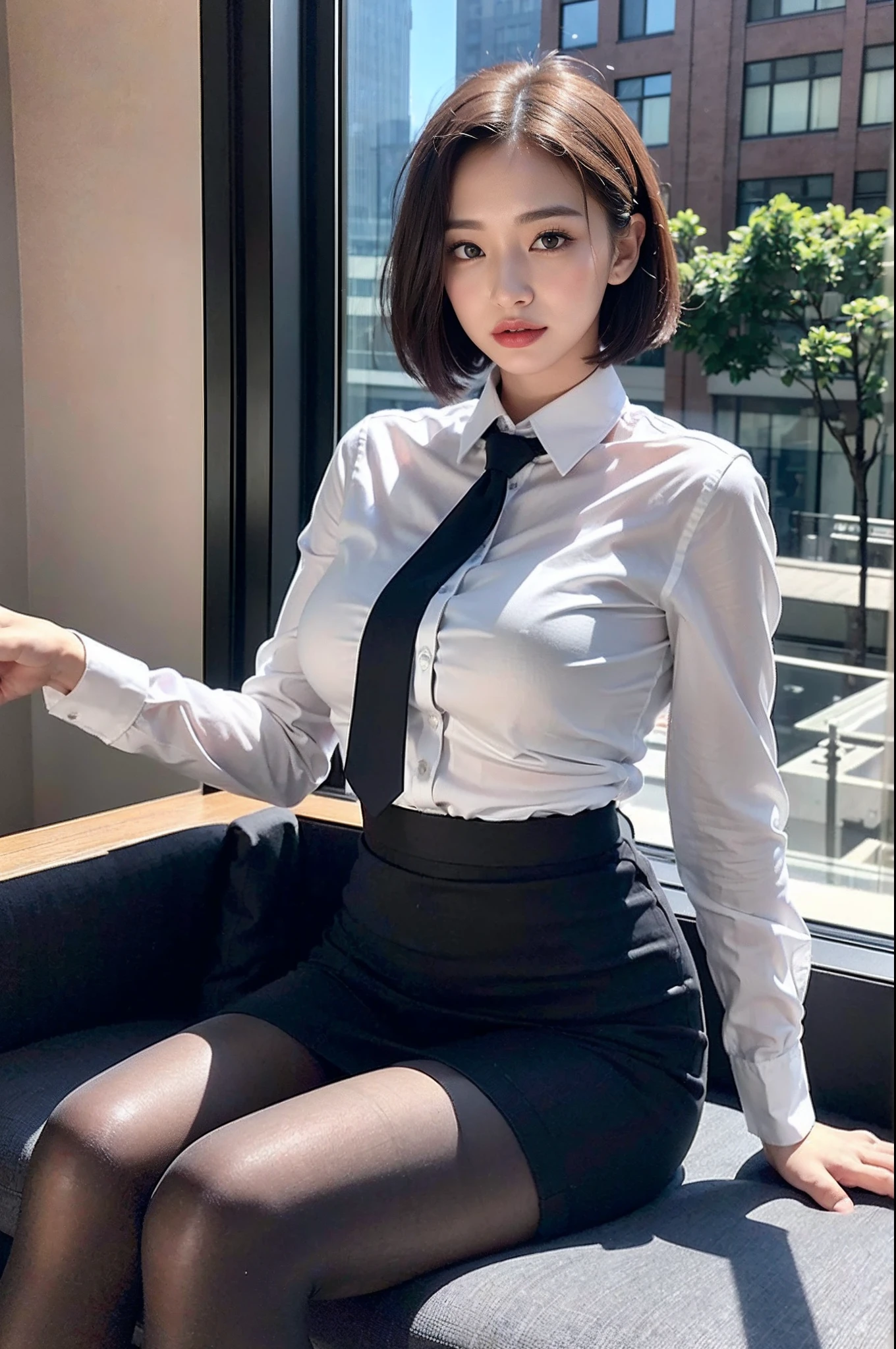 (Light underwear upper-class elite secretary), Sit by the window，Outside the window is Manhattan Plaza，Outside the window is the landmark of Manhattan Plaza，working in an office、 (Wear pantyhose)、(Short Layer Hair)、 Wear high-end heels、 (thighhighs and skirt), Shirt secretary, Merchant,  Wear a shirt and skirt, Business attire, business outfit, RAW photo, (8K、top-quality、tmasterpiece:1.2)、(intricately details:1.4)、(Photorealsitic:1.4)、octane renderings、Complex 3D Rendering Ultra Detail,  vibrant detail, super detailing, realistic skin textures, Detal Face, Beautiful detail eyes, Very detailed CG Unity 16k wallpaper, Makeup - makeup, (detailedbackground:1.2), shiny skins、Bare with thighs!!!,