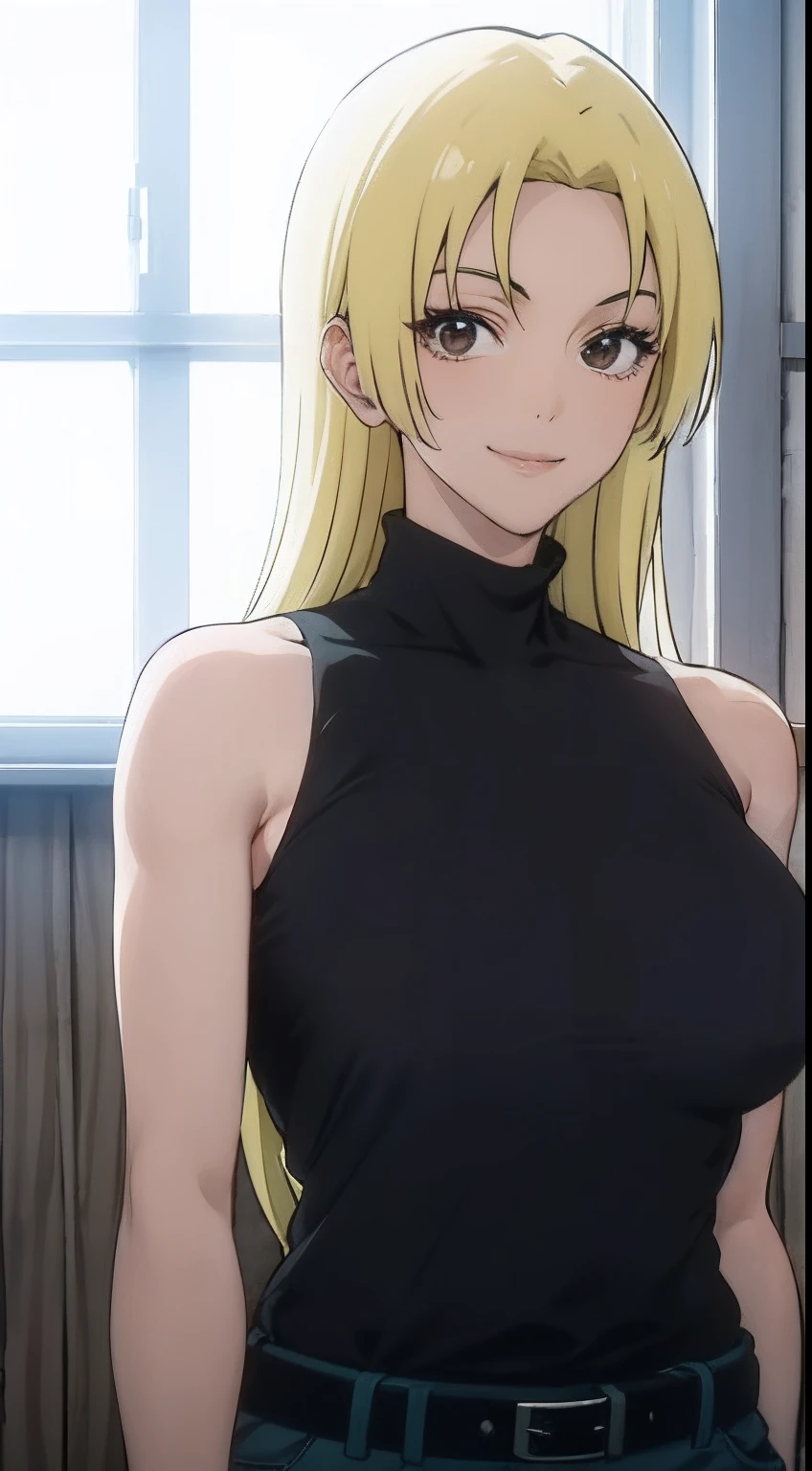 masutepiece, Yuki Tsukumo, 1girl in, Solo, Long hair, Brown eyes, Looking at Viewer, Smile, Blonde hair, Shirt, Bare shoulders, Sleeveless, Belt bag, Pants, Black shirt, window, turtle neck, Backlighting, sleeveless turtleneck, large full breasts,look at viewer ,a smile