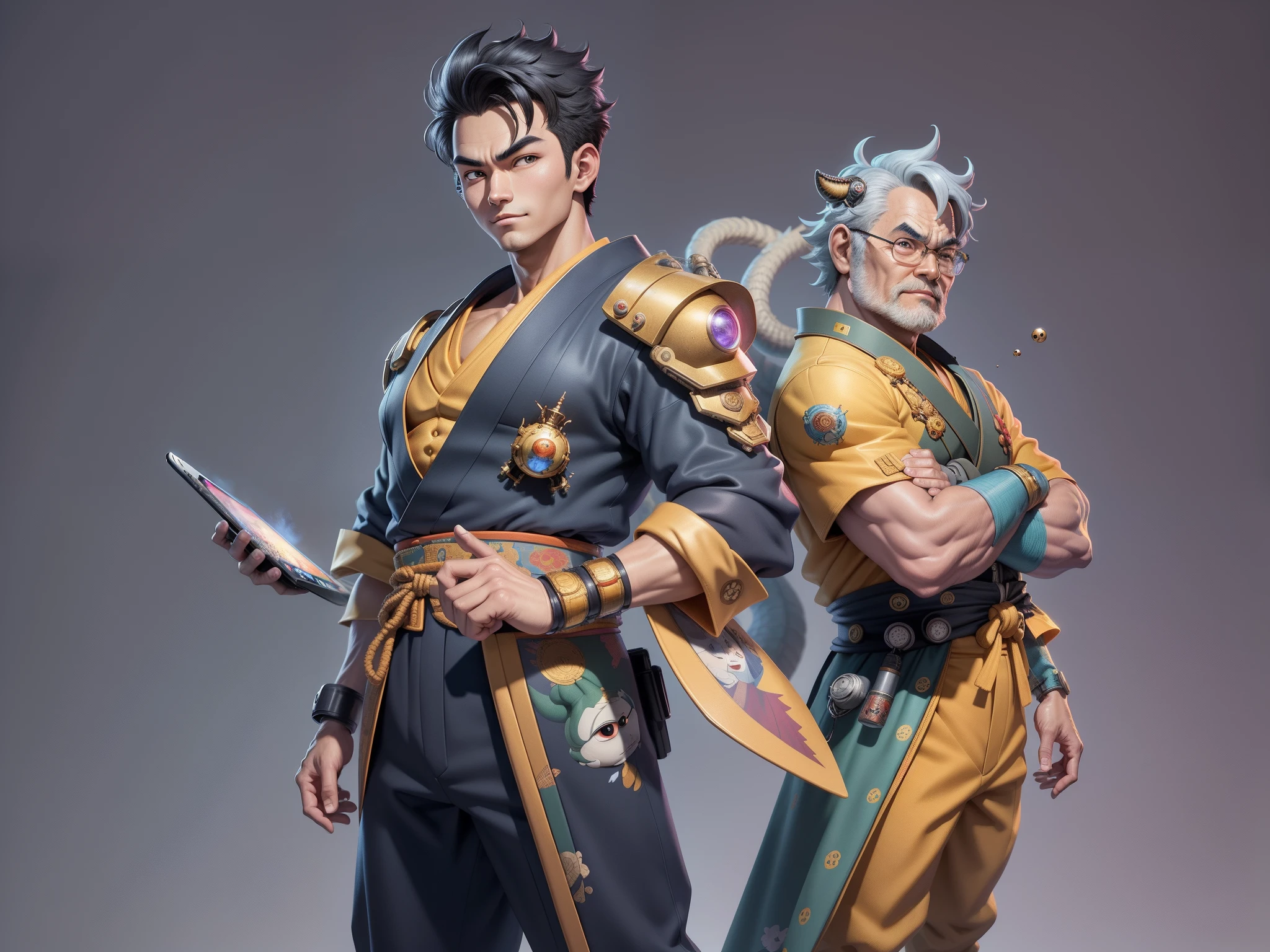 (Masterpiece), (Excellent), (Super Meticulous), (Full Body: 1.2), Super Young Man, Oriental Face, Japanese Kimono, Japanese Wind Thunder God, Dragon, Tiger, TV Anchor, Bust Portrait Illustration, Alone, Black Suit, Blue Tie, Slightly Chubby Face, Very Clean Face, No Beard, Black Super Short Hair, Black Eyes, Confident Smile, 3c Computer Sub-Products, iPad, iPhone, Digital Painting, 3D Character Design by Akira Toriyama and Mark Claireden and Pixar and Hayao Miyazaki, The illustration is a high-definition illustration in 4K resolution with very detailed facial features and cartoon-style visuals.