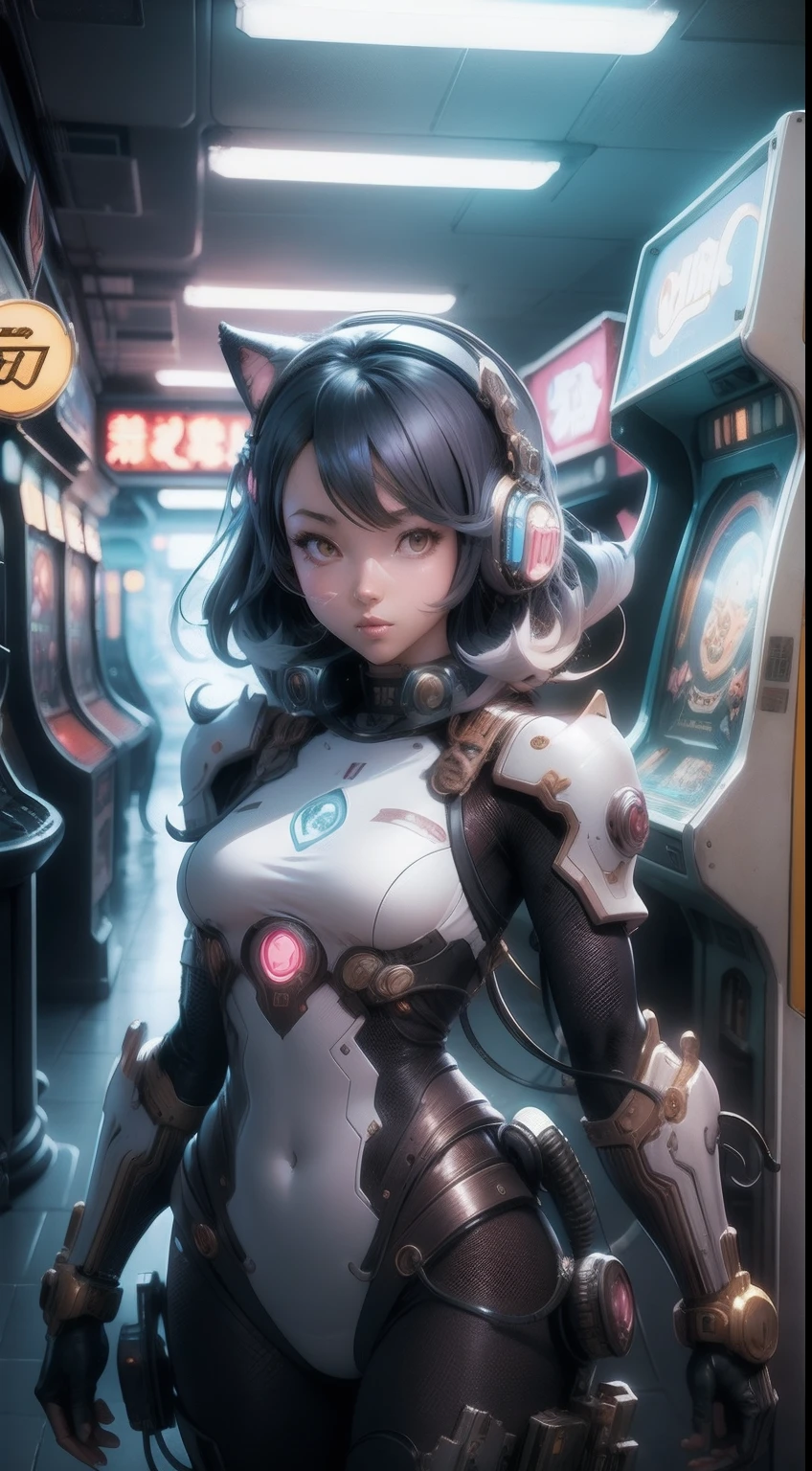 Retro 90s anime-style environment wide-angle shot,Nightly chaotic arcade shots; A woman in street clothes; author:Hajime Sorayama, greg tocchini, Virgil Finlay, Sci-fi. Line art. Environmental arcade art.