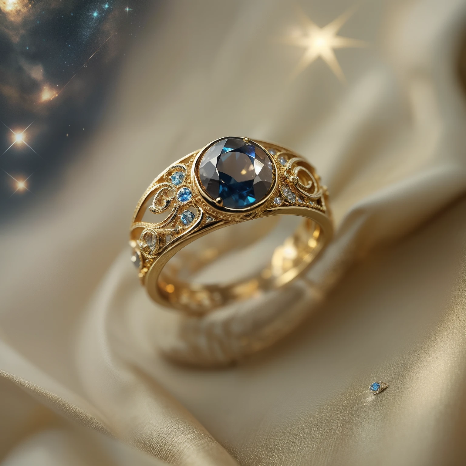 Masterpiece，highest  quality，(Nothing but the ring)，Beautiful ring, Ultra detailed，(No Man),Rattan ring inlay，starrysky，Wrapped around the end from beginning to end，Delicate gold ring，Starry sky in the ring,The sheen，inverted image，Sparkling gemstones，Elegant and noble,simple backgound