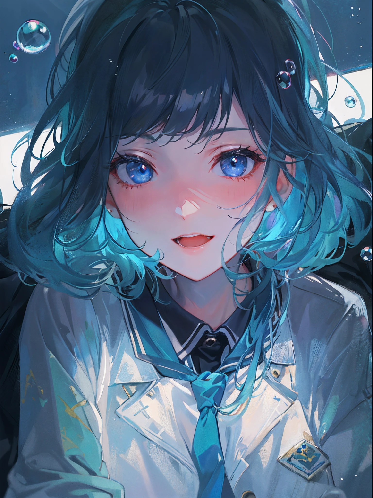 ((top-quality)), ((​masterpiece)), ((ultra-detailliert)), (extremely delicate and beautiful), girl with, 独奏, cold attitude,((Black jacket)),She is very(relax)with  the(Settled down)Looks,A dark-haired, depth of fields,evil smile,Bubble, under the water, Air bubble,bright light blue eyes,Inner color with light blue hair and dark blue tips,Cold background,Bob Hair - Linear Art, shortpants、knee high socks、White uniform like school uniform、Light blue ribbon ties、Clothes are sheer、Hands in pockets