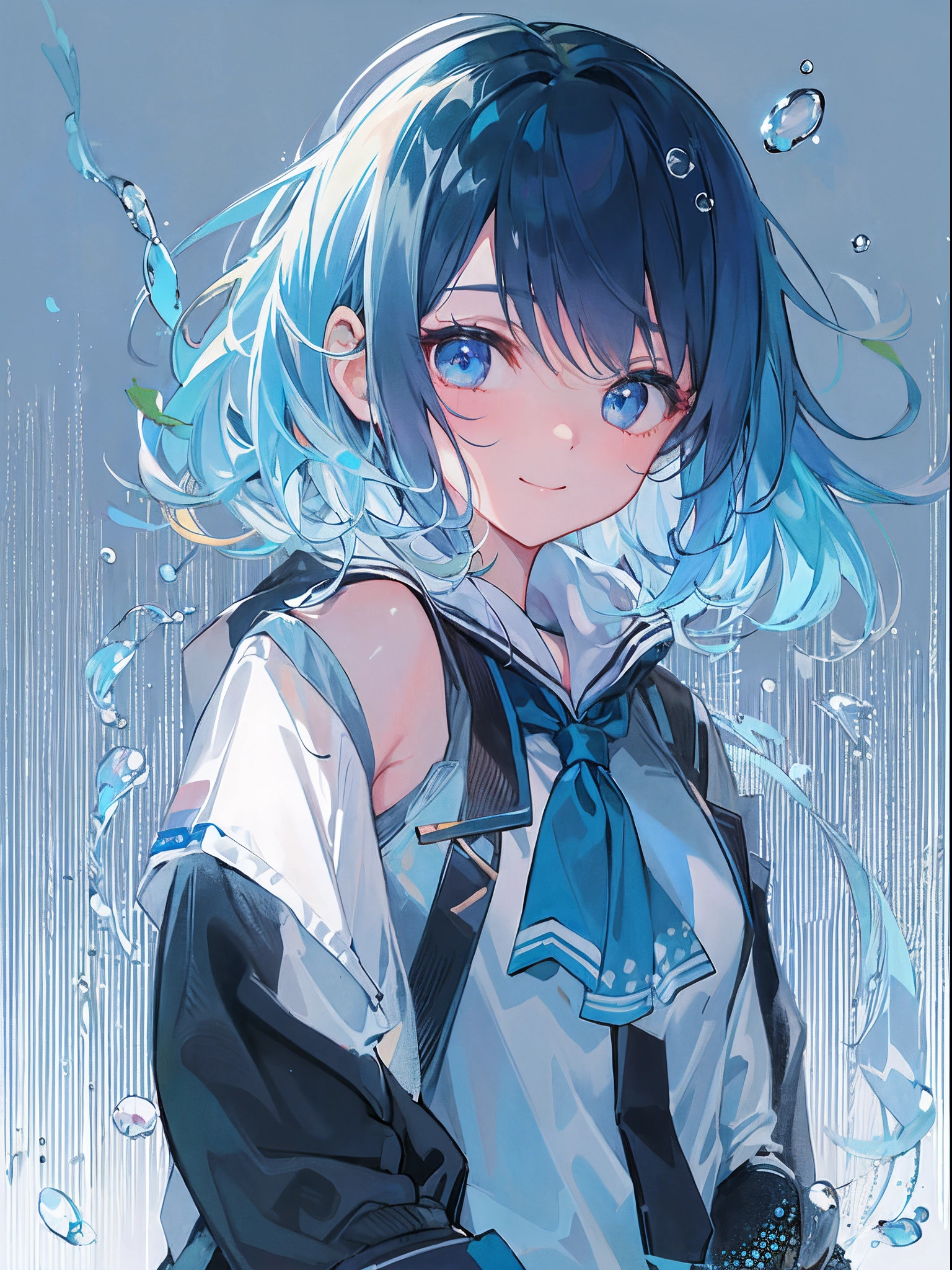 ((top-quality)), ((masterpiece)), ((ultra-detailliert)), (extremely delicate and beautiful), girl with, 独奏, cold attitude,((Black jacket)),She is very(relax)with the(Settled down)Looks,A dark-haired, depth of fields,evil smile,Bubble, under the water, Air bubble,bright light blue eyes,Inner color with light blue hair and dark blue tips,Cold background,Bob Hair - Linear Art, shortpants、knee high socks、White uniform like school uniform、Light blue ribbon ties、Clothes are sheer、Hands in pockets