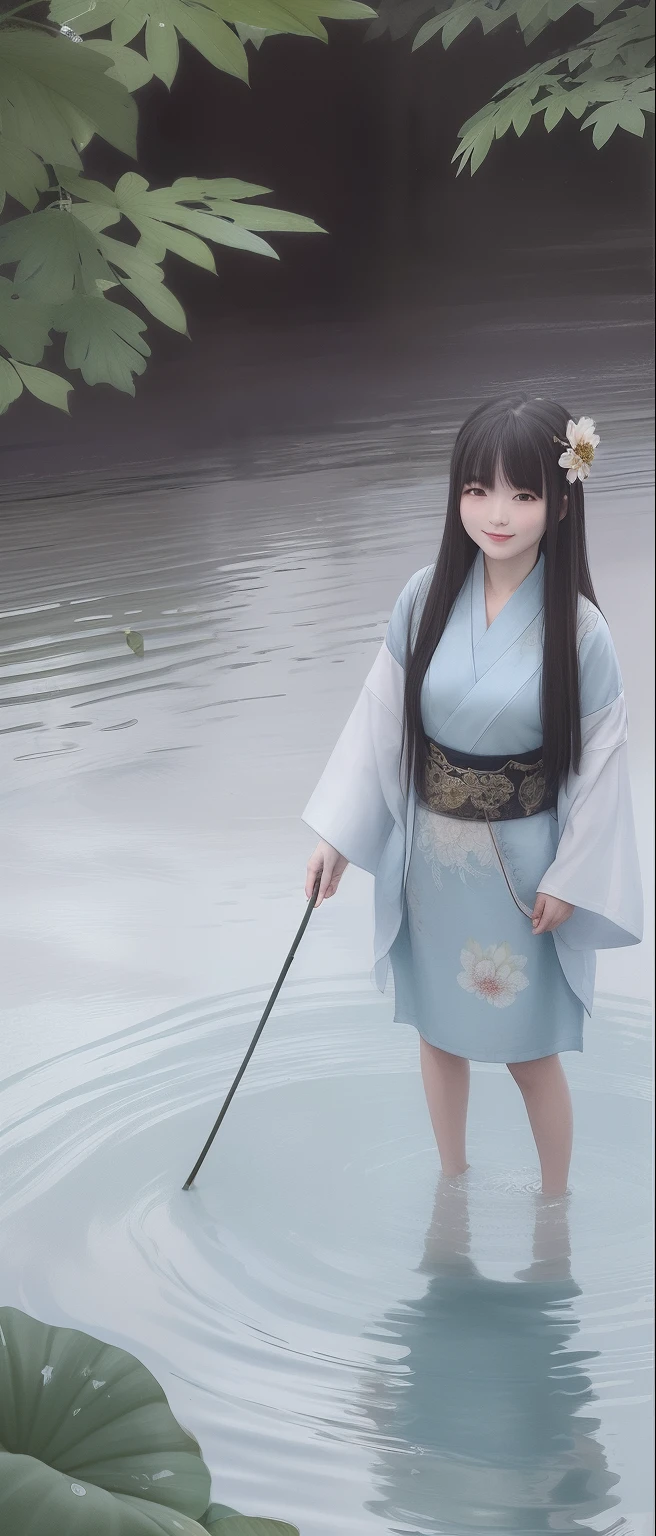 ((4k,masterpiece,best quality)), shuimobysim, traditional chinese ink painting, lotus, hanfu, maxiskit, dress conservatively
1girl, solo, long blue hair, smile, standing, feet in the water, barefoot,