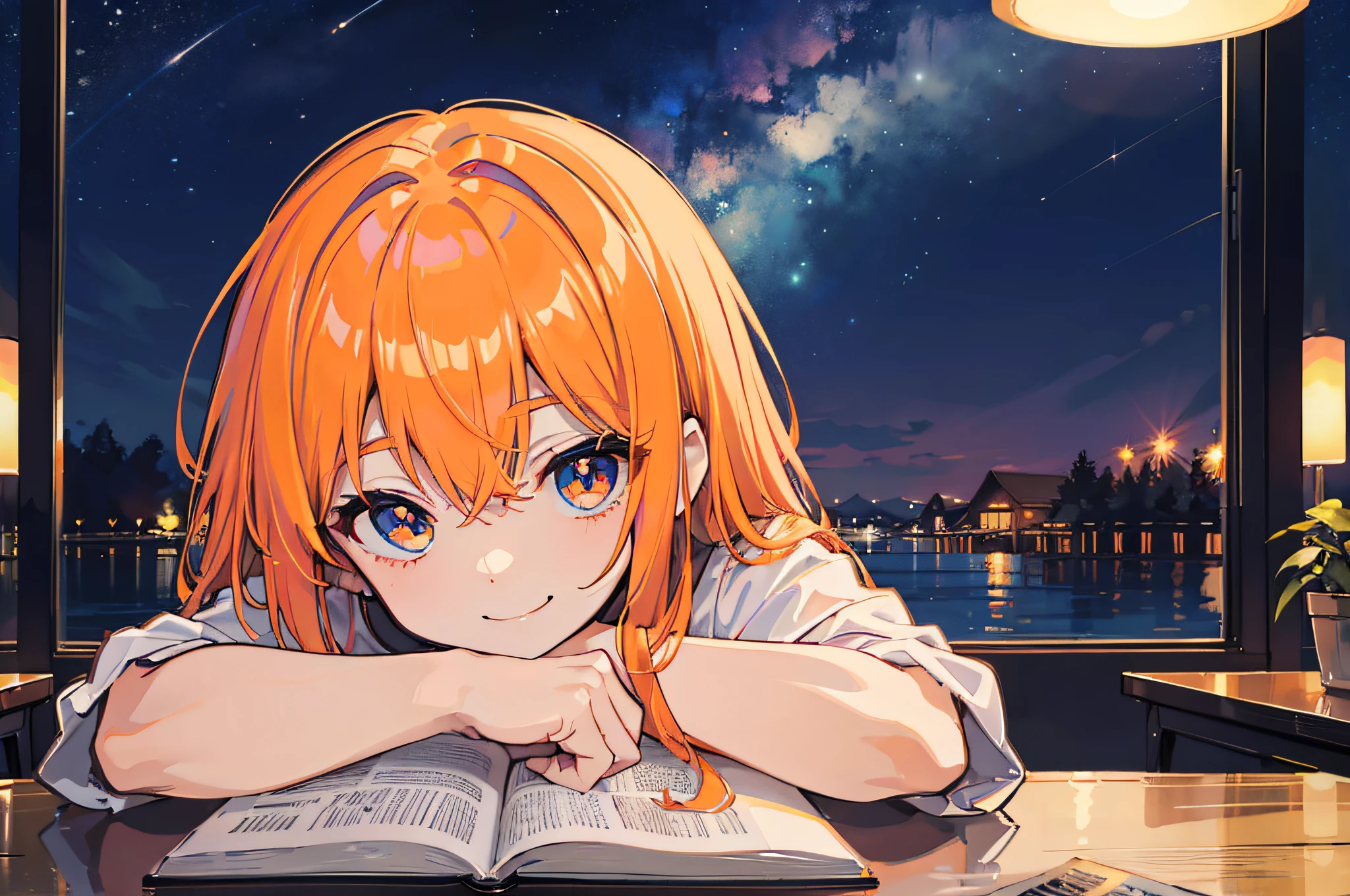 Beautiful woman　Studying　Smiling face　on desk　under the starry sky　Terrace seating　NOWAI　deep in the night　murky　nighttime scene　Test Preparation　Pupils　orange color hair　Beautiful eyes that seem to be sucked in