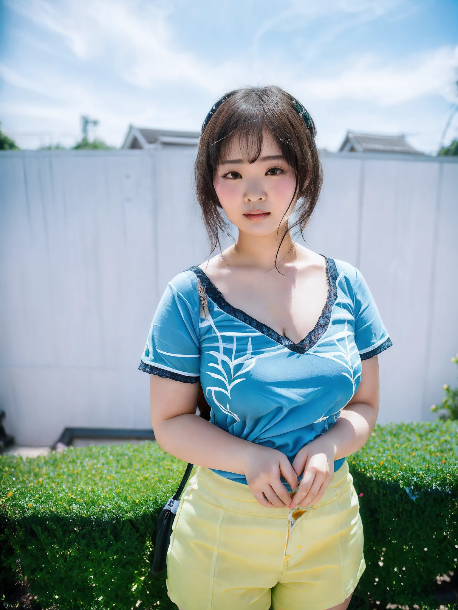 There was a woman standing in front of a hedge，, xintong chen, wenfei ye, with round face, A young Asian woman, bbwchan, Guviz, 19-year-old girl, thicc, sakimichan, young and cute girl, chengyou liu, chiho, xision wu, Young Asian girl，Wear this underwear，Bust G