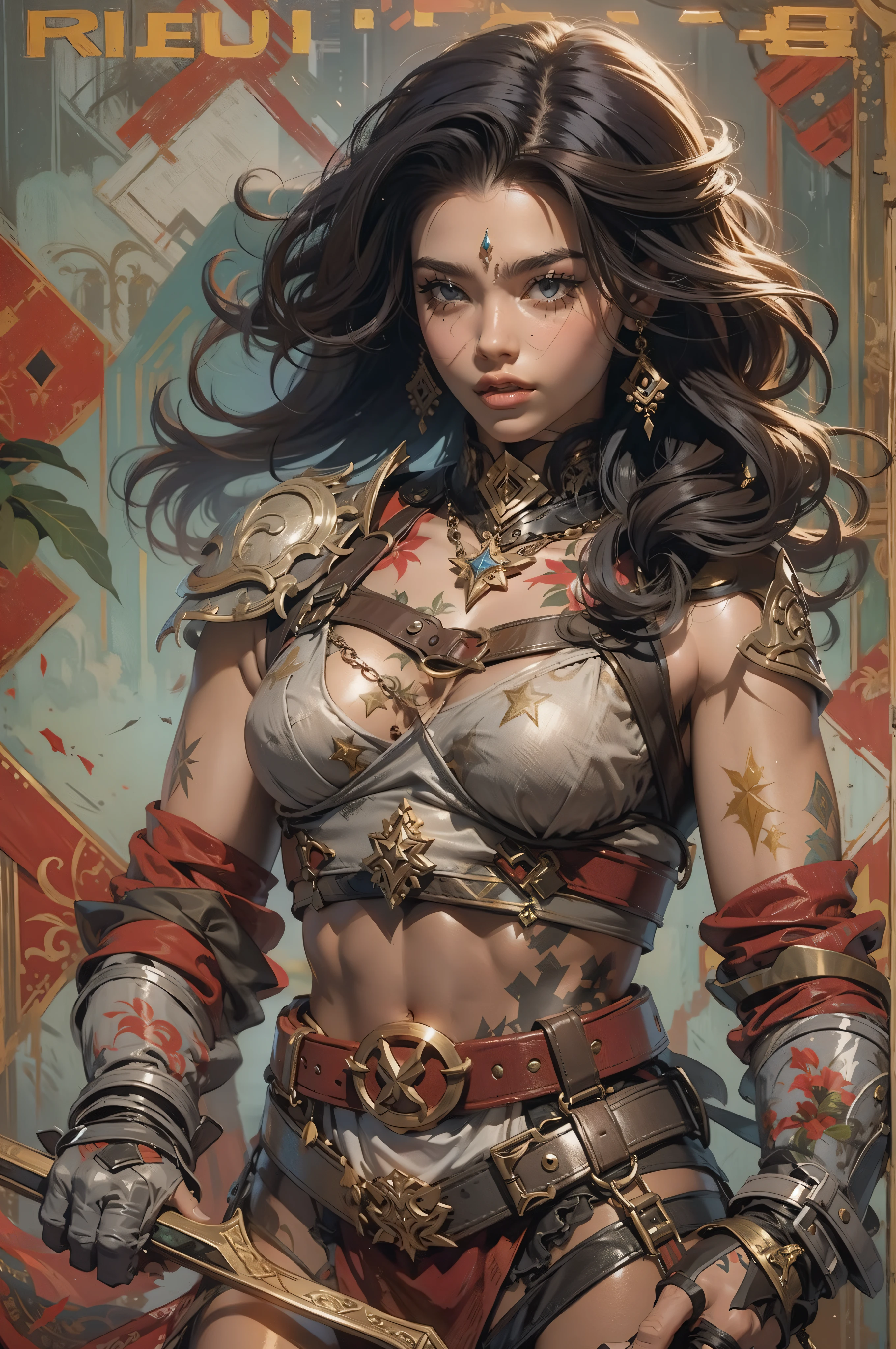 (((mulher))), (((melhor qualidade))), (((obra prima))), (((adulta))), Uma guerreira mulher de 35 anos com corpo perfeito, Brooklyn Gladiators, (( under boobs )), quase nua no estilo selvagem urbano de Simon Bisley para a capa da revista Heavy Metal, cabelo loiro, Minimum clothing, red and white checkered pattern, armadura, cheio de pontas e rebites, tatuagem tribal, (((do joelho pra cima))), cabelo desalinhado
