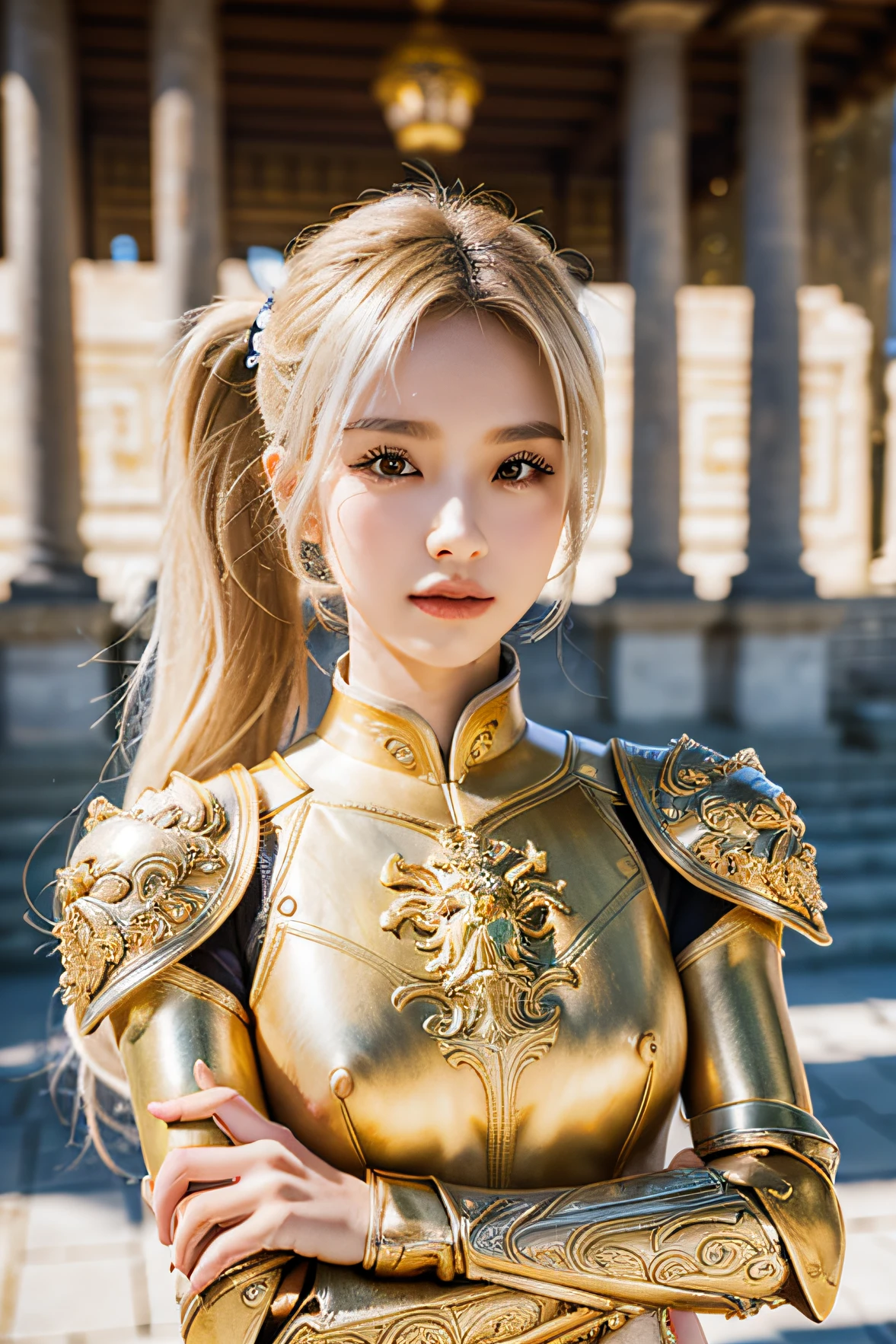 (8K, best quality:1.2), (masterpiece:1.37), (photo, photorealistic:1.37), (ultrahigh-res), half body, walking pose, shot from front, slow motion, female paladin in armour, (light silver and gold armour:1.2),(ornately decorated armor), (insanely detailed, bloom:1.5), (highest quality, concept art, 4k), (analog:1.2), (high sharpness), (detailed pupils:1.1), detailed face and eyes, Masterpiece, best quality, (highly detailed photo:1.1), (long blonde Hair, ponytail,ecstatic:1.1), (young woman:1.1), sharp, (perfect body:1.1), realistic, real shadow, 3d, (temple background:1.2), arms crossed over the chest 
photographed by Canan EOS R6, 135mm, 1/1250s, f/2.8, ISO 400