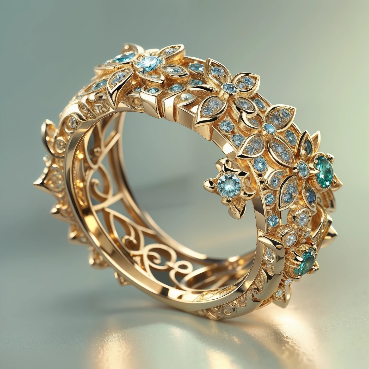 Masterpiece，highest  quality，(Nothing but the ring)，Beautiful ring, Ultra detailed，(No Man),Vine ring setting，starrysky，Wrapped around the end from beginning to end，Delicate gold ring，Starry sky in the ring,The sheen，inverted image，Sparkling gemstones，Elegant and noble,simple backgound