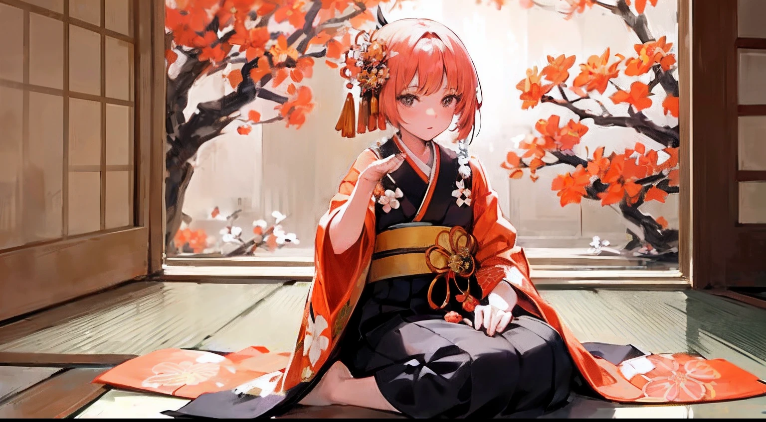 Anime girl sitting on floor in kimono with orange flowers, in a kimono, komono, beautiful anime girl crouching, Wearing a kimono, wearing royal kimono, Palace , A girl in Hanfu, in a kimono, the anime girl is crouching, Japanese art style, cute anime waifu in a nice dress, Guviz, wearing a haori