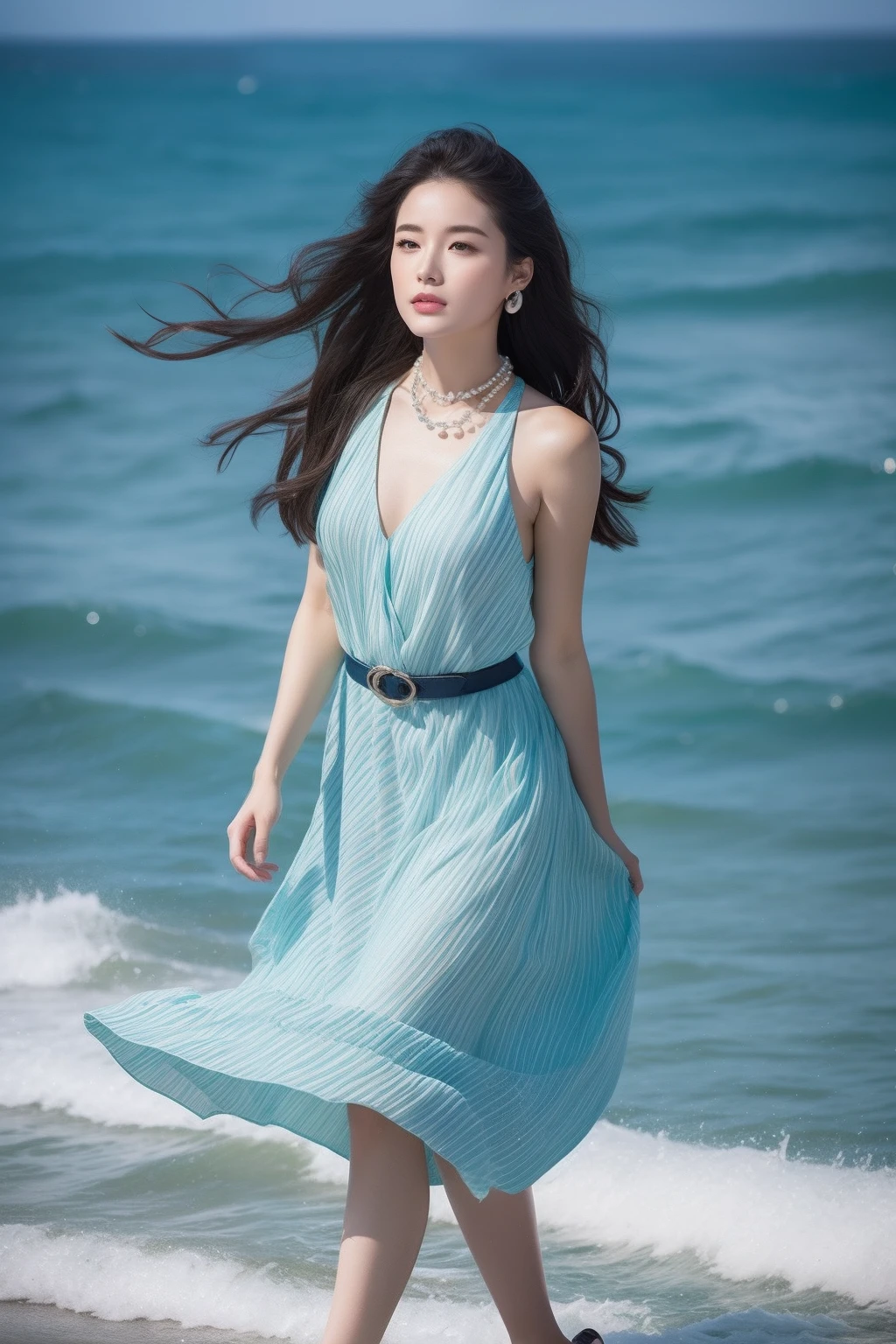 (8k,realisticlying,meticuloso,Very detailed faces,动态照明,Real Human)
Queen of the Sea,Her appearance exudes a mysterious beauty。Her skin was as white as snow,It's like you're ready for the purest sunshine。Her hair was silky smooth,Flashing with a shimmering light,It's like a string of pearls in the ocean。In her eyes,It has a bottomless deep ocean blue,It's as vast as the tide,People are captivated by it。Her face is delicate and elegant,Ruddy lips,The slightly upward curve reveals her natural elegance。Her eyebrows were slightly raised,Looming nodding his forehead,It depicts a picture of birds soaring in the sky。The tip of her slightly upturned nose adds a touch of agility and playfulness to her face。She wears a gorgeous reef green dress,The skirt is woven from the blue microwaves of the ocean,Light and flowy。The skirt is decorated with a flowing seaweed pattern,It was as if it was one with her body。Her slender waist is outlined by a thin belt embellished with crystals,Like a chain of pearls in the ocean,Exudes unparalleled brilliance。She wears a coral stone bracelet on her wrist,coloured with lots of colour,A warm glow flows。She also had some pearl necklaces and aquamarine earrings shimmering on her,It adds a sense of grandeur and nobility to her entire image。At her feet,It is a pair of sandals made of transparent shells,It's like the waves crashing on the beach。Every step she took,All accompanied by the soft sound of the breeze blowing,It's like playing a song of the ocean。This queen of the sea is so beautiful and mysterious,The breath revealed by her body captivated every viewer,It's like being in a mysterious and beautiful ocean kingdom