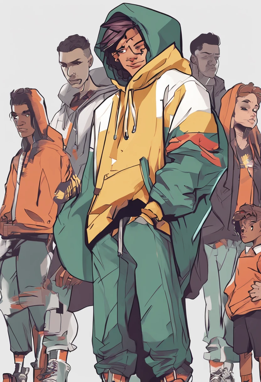 cCharacterDesignSheet, male character in a long hoodie with no hands showing, calipers, tomboy cut, white background((content creator custom stickers))