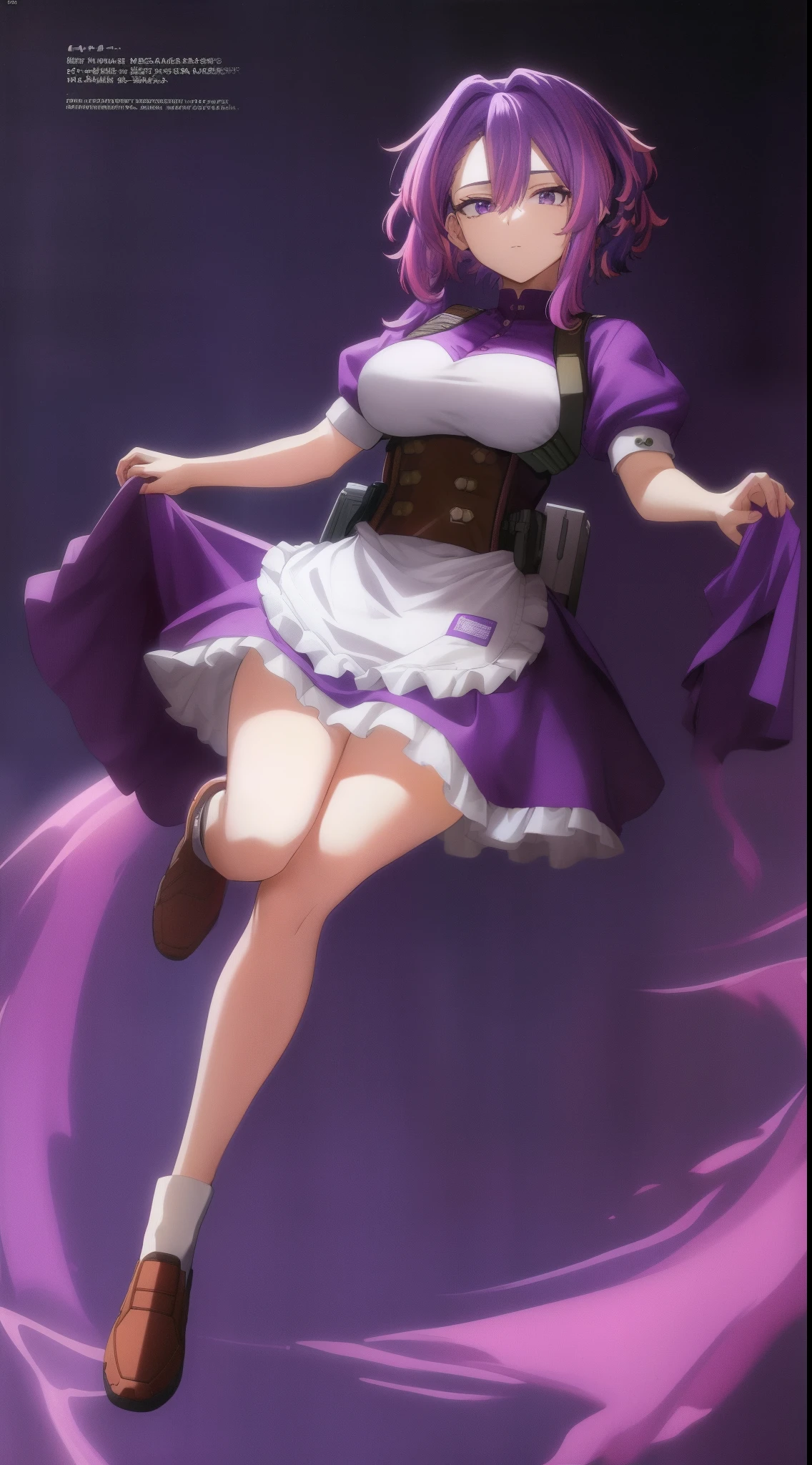 scan, (extremely detailed CG unity 8k wallpaper:1.1), highres, (1girl), lady nagant, boku no hero academia, (purple hair), (multicolored hair), (purple eyes), maid uniform, full body, breasts