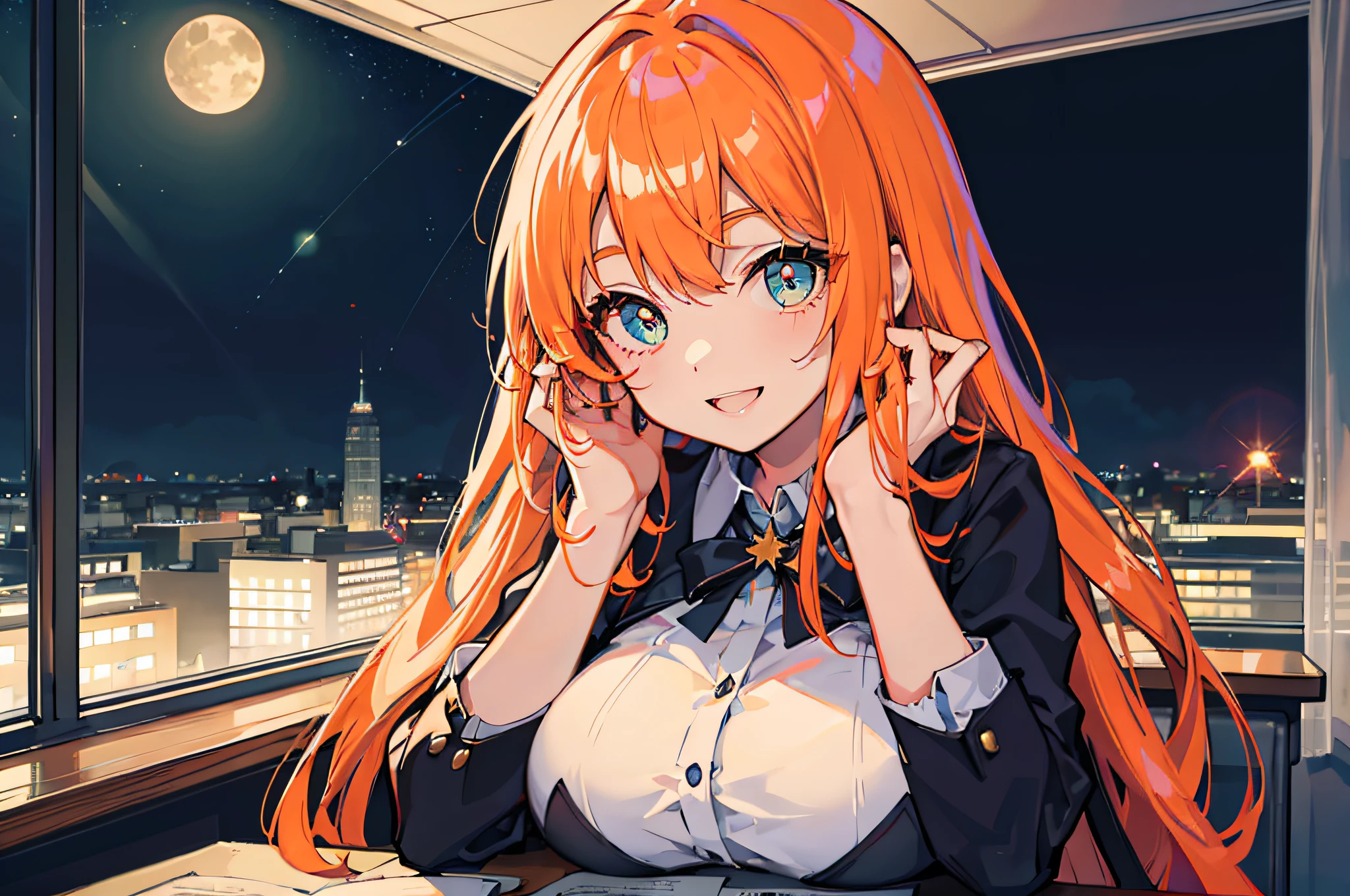 Beautiful woman　Studying　Smiling face　on desk　under the starry sky　Terrace seating　NOWAI　deep in the night　murky　nighttime scene　Test Preparation　Pupils　orange color hair　Studying Mathematics　Colossal tits　Beautiful eyes that seem to be sucked in