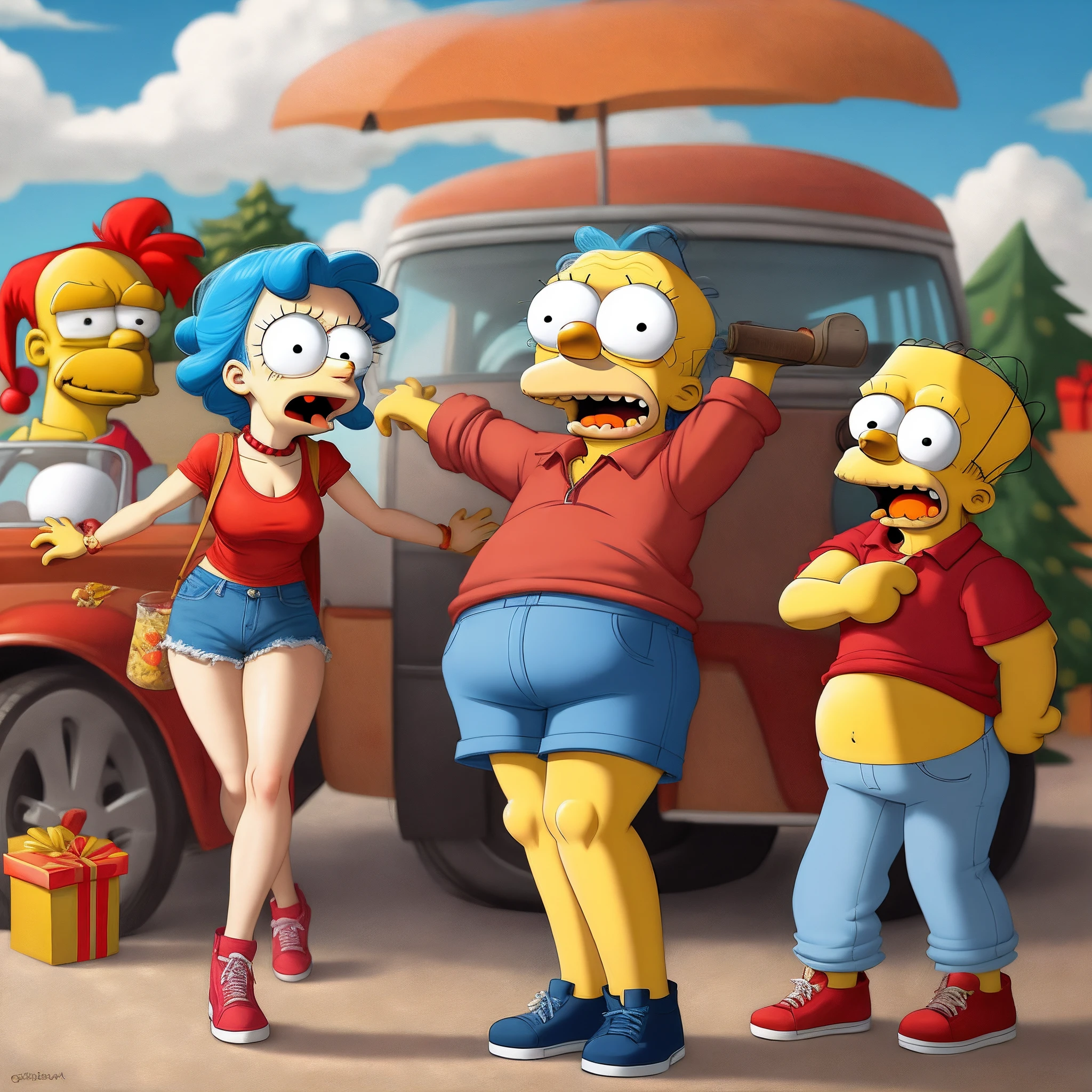 Draw the simpson homer with holiday clothes