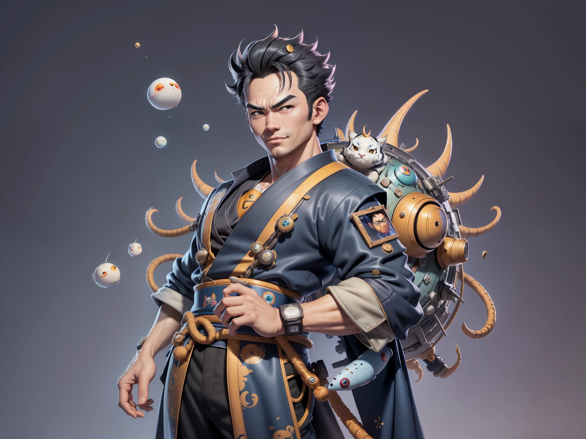 (Masterpiece), (Excellent), (Super Meticulous), (Full Body: 1.2), Super Young Man, Oriental Face, Japanese Kimono, Japanese Wind Thunder God, Dragon, Tiger, TV Anchor, Bust Portrait Illustration, Alone, Black Suit, Blue Tie, Slightly Chubby Face, Very Clean Face, No Beard, Black Super Short Hair, Black Eyes, Confident Smile, 3c Computer Sub-Products, iPad, iPhone, Digital Painting, 3D Character Design by Akira Toriyama and Mark Claireden and Pixar and Hayao Miyazaki, The illustration is a high-definition illustration in 4K resolution with very detailed facial features and cartoon-style visuals.