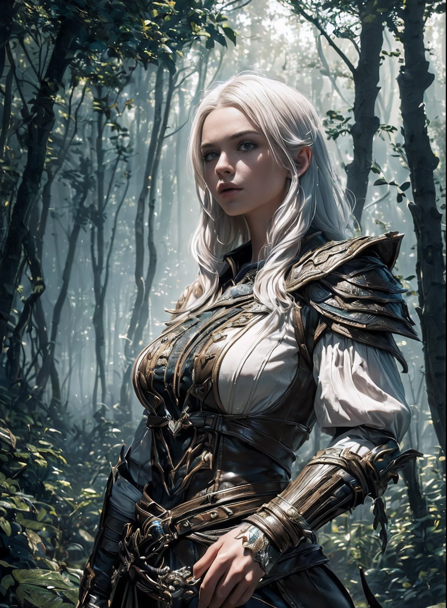 ((((of the highest quality:1.4))),,(unparalleled masterpiece ever), (Ultra high definition), (Ultra-realistic 8K CG), Put your hands on your hips,Beautiful Female Ranger ,Seen from below,, stunningly beautiful face, (muscular body:1.2),Fantasy worldview,(Magical mystical background, Ethereal fog, Faint darkness), The tree々Sunlight in between adds depth to the image ,Highly detailed Nergigante Armor, 8 life-size,, Messy platinum hair:1.2, in woods, Wind-effect, Ultra realistic cover photo awesome full color, (Hyper Detail: 1.2), , Perfect Anatomy, Cinematic,,