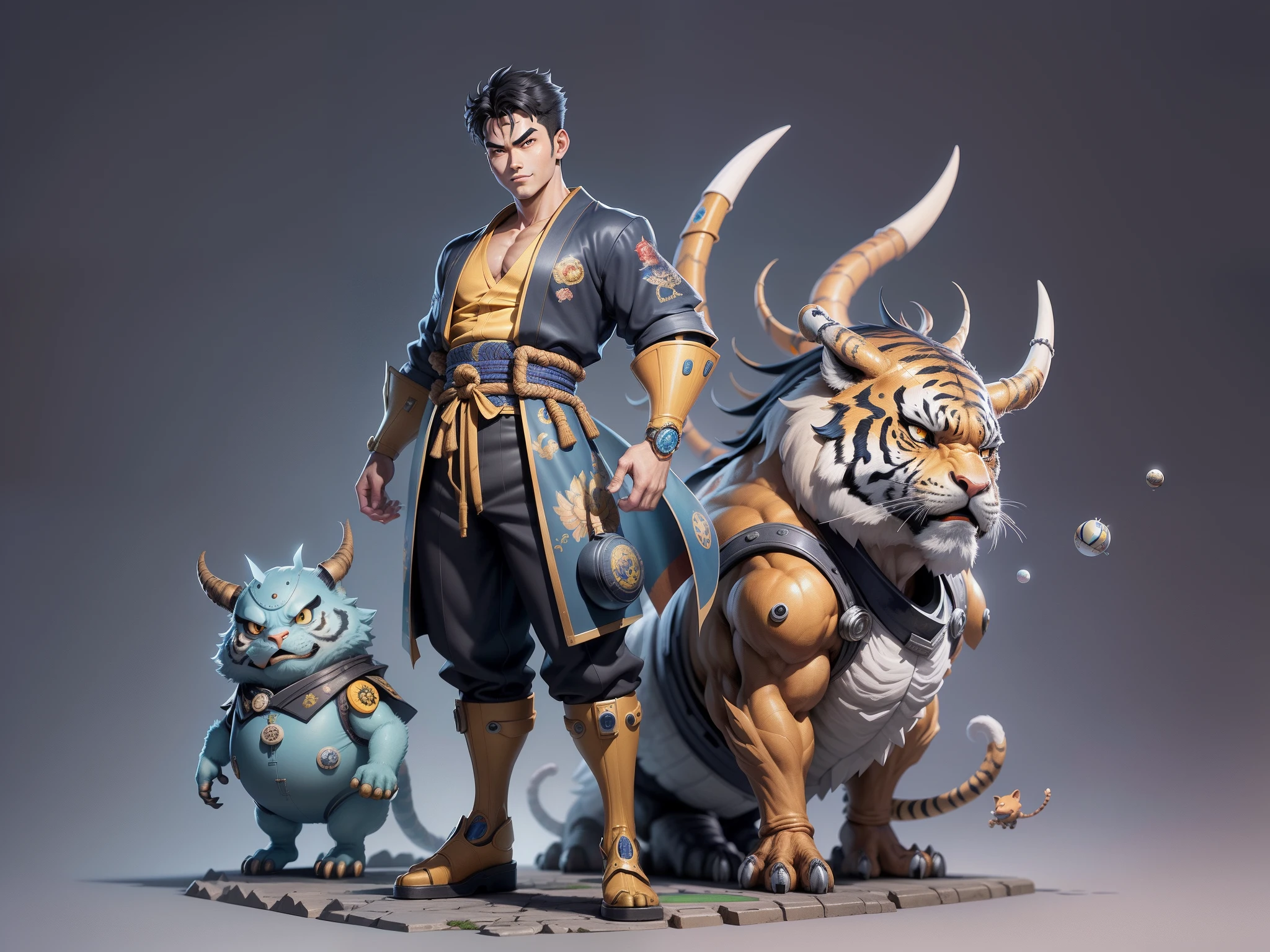 (Masterpiece), (Excellent), (Super Meticulous), (Full Body: 1.2), Super Young Man, Oriental Face, Japanese Kimono, Japanese Wind Thunder God, Dragon, Tiger, TV Anchor, Bust Portrait Illustration, Alone, Black Suit, Blue Tie, Slightly Chubby Face, Very Clean Face, No Beard, Black Super Short Hair, Black Eyes, Confident Smile, 3c Computer Sub-Products, iPad, iPhone, Digital Painting, 3D Character Design by Akira Toriyama and Mark Claireden and Pixar and Hayao Miyazaki, The illustration is a high-definition illustration in 4K resolution with very detailed facial features and cartoon-style visuals.