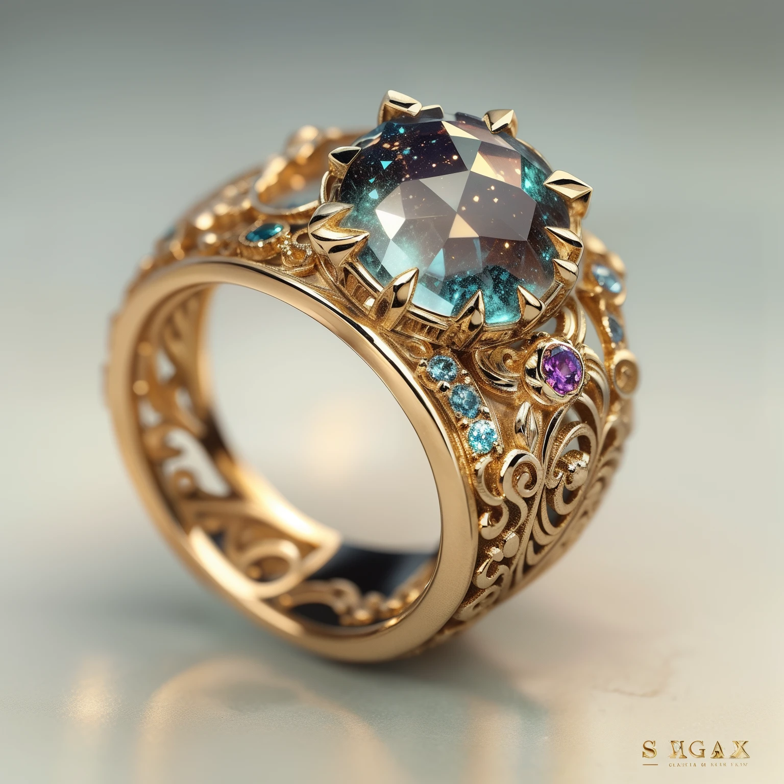 Masterpiece,highest quality,(Nothing but the ring),Beautiful ring, Ultra detailed,(No Man),Animal ring setting,starrysky,Wrapped around the end from beginning to end,Delicate gold ring,Starry sky in the ring,The sheen,inverted image,Sparkling gemstones,Elegant and noble,simple backgound