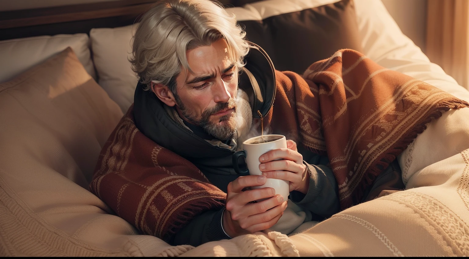 man curled up in blanket drinking coffee