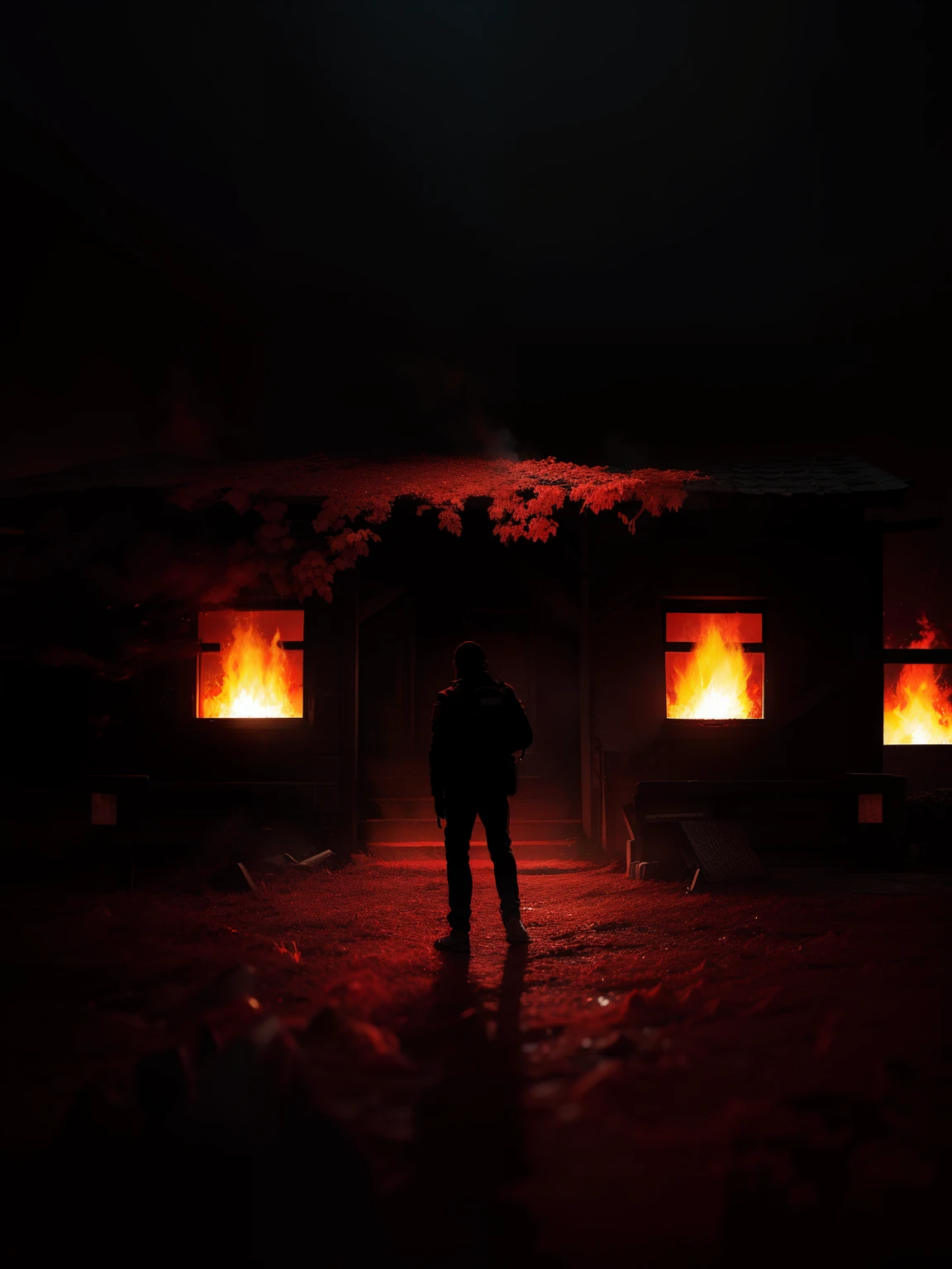 Change background into horror theme with some fire on surface, ultra realistic,8k,human should not be effected