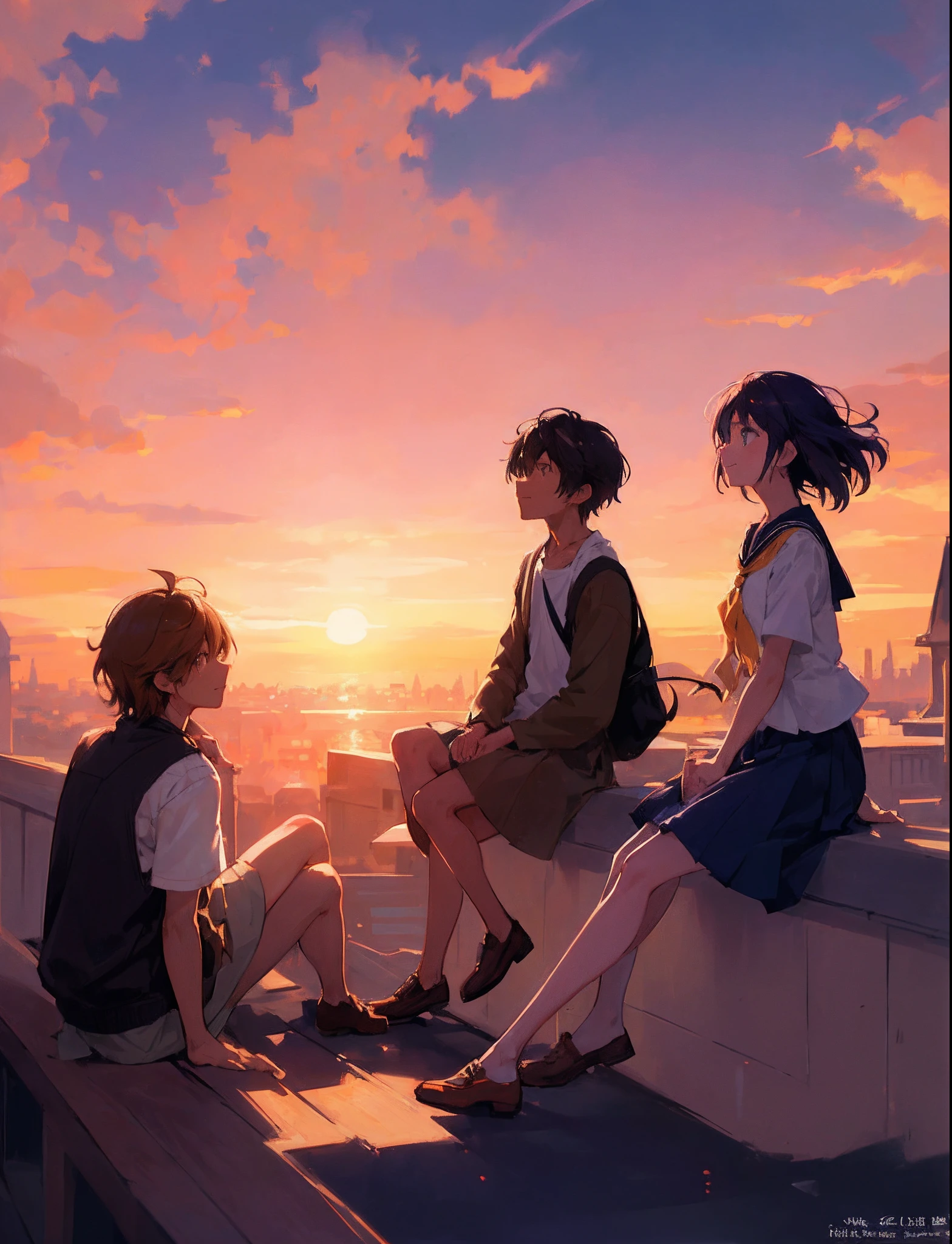Create an exquisite illustration reminiscent of Makoto Shinkai's style, characterized by its superfine detail and top-tier quality. Create a captivating illustration that encapsulates the essence of nostalgia and fantasy as a group of students gather on the rooftop of their school, all wearing smiles as they gaze at the mesmerizing sunset. The sun hangs low in the sky, casting a warm, golden glow that bathes the entire scene in a dreamlike atmosphere. The setting sun creates a breathtaking panorama, turning the sky into a canvas of vibrant colors - hues of orange, pink, and purple blending seamlessly. The students, with their faces lit up by the golden light, wear expressions of awe and tranquility as they take in the spectacle before them. Pay meticulous attention to detail, allowing the sunlight to dance on their joyful expressions, and the interplay of light and shadow to emphasize the textures of their surroundings. Your objective is to create an image that not only captures the serenity of the moment but also sparks the imagination, inviting viewers to join these students in their contemplative and magical experience. Through your artistic prowess, transform the rooftop into a stage for nostalgia and wonder, where the shared view of the sunset brings about a sense of camaraderie and a connection to the beauty of the fleeting moment