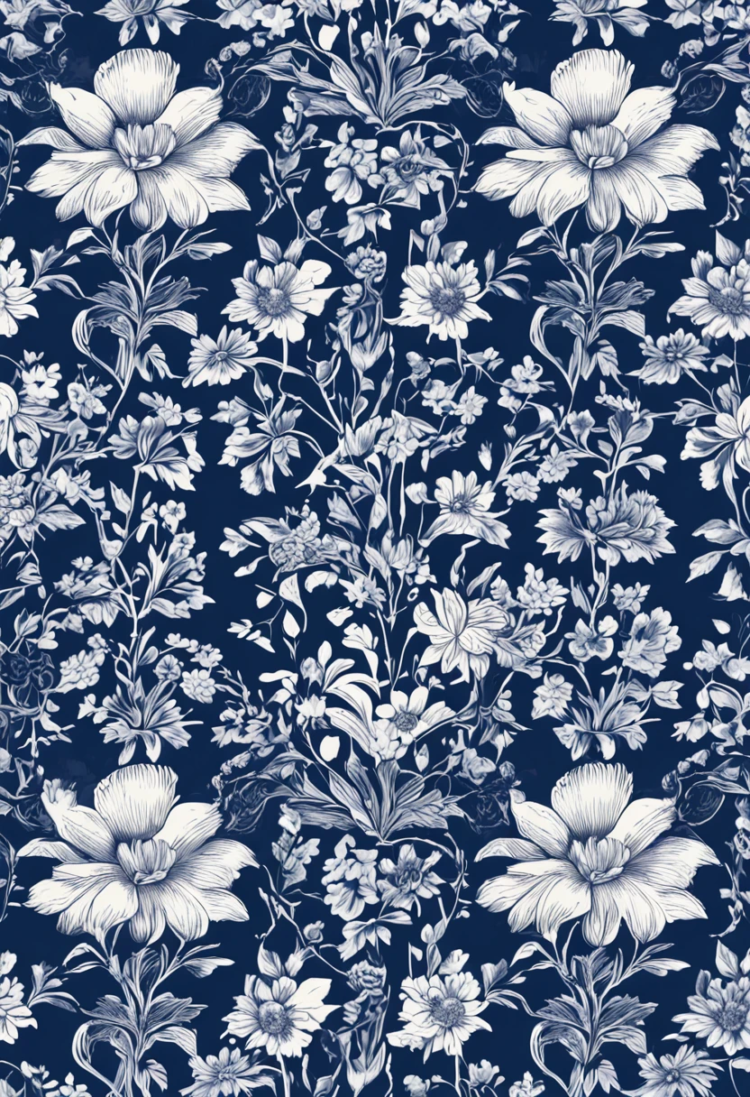 a blue and white floral pattern with white flowers, floral ornamentado, inspirado em William Morris, chinoiserie pattern, indigo blooming flowers garden, floral! intrincado, floral pattern, flores ornamentadas, ultra intrincado, highly detailed pattern, ornate pattern, rendas florais, Boho Vinhas Florais, papel de parede floral, indigo occult pattern, indigo background, damask pattern, fortemente ornamental