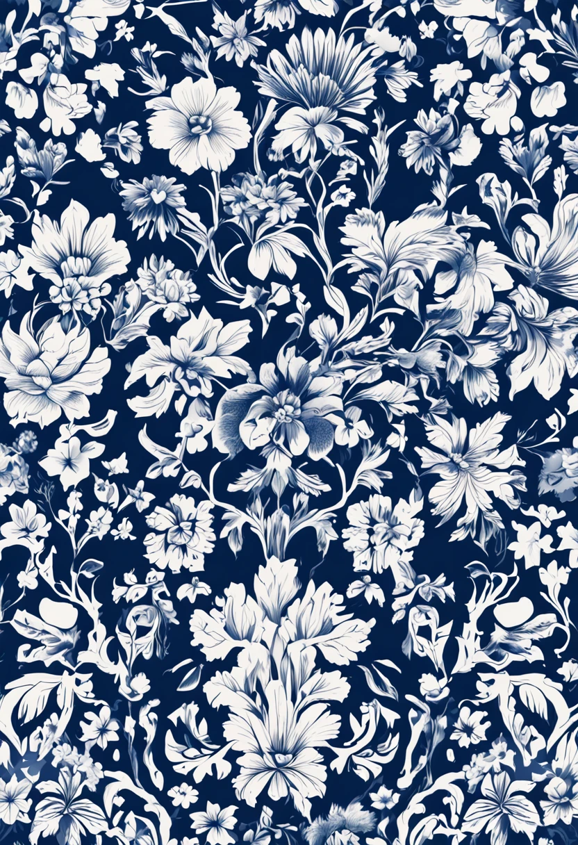 a blue and white floral pattern with white flowers, floral ornamentado, inspirado em William Morris, chinoiserie pattern, indigo blooming flowers garden, floral! intrincado, floral pattern, flores ornamentadas, ultra intrincado, highly detailed pattern, ornate pattern, rendas florais, Boho Vinhas Florais, papel de parede floral, indigo occult pattern, indigo background, damask pattern, fortemente ornamental